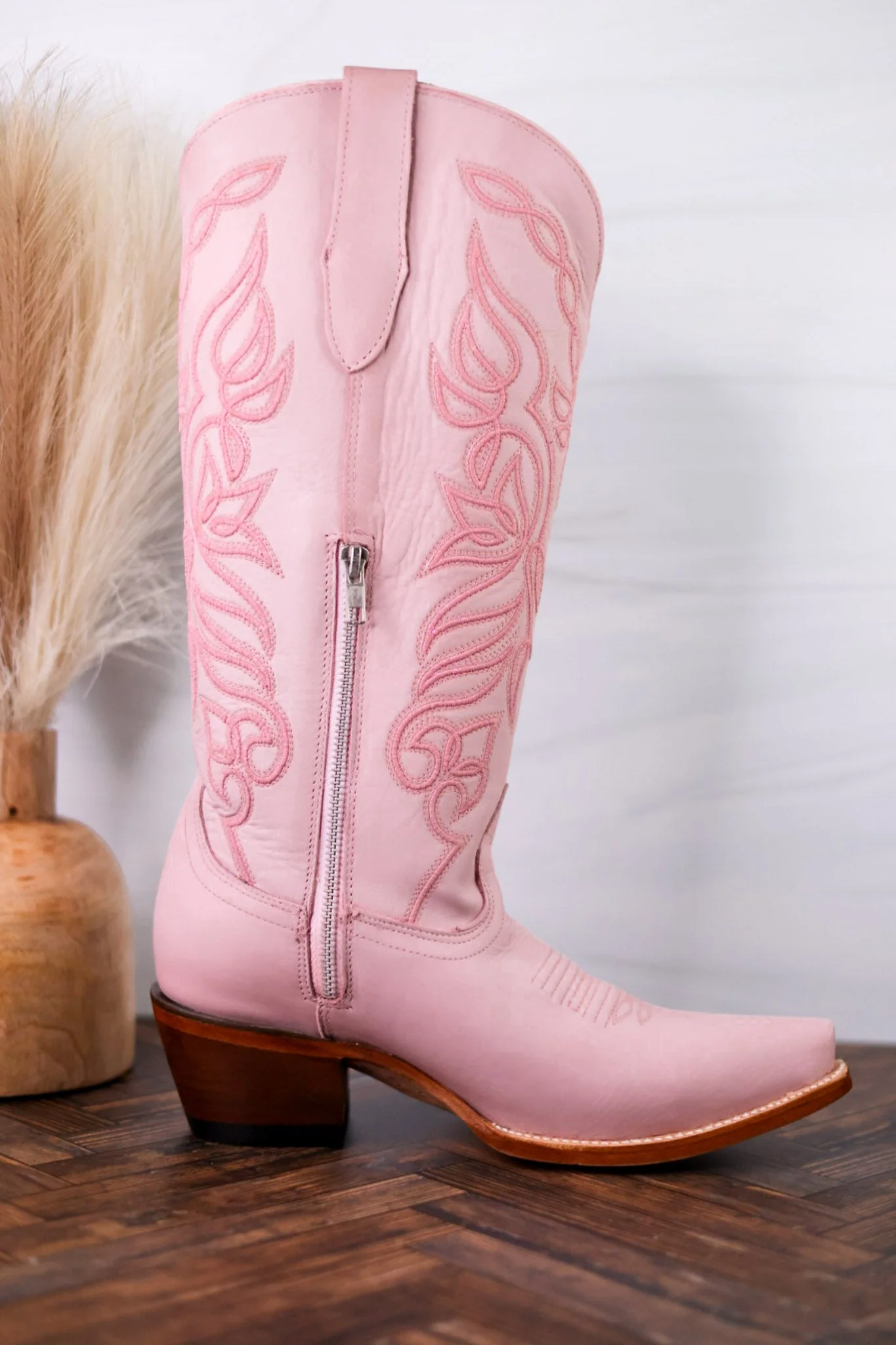 Sally Midi Wide Calf Pink Leather Embroidered Boots - Image 11