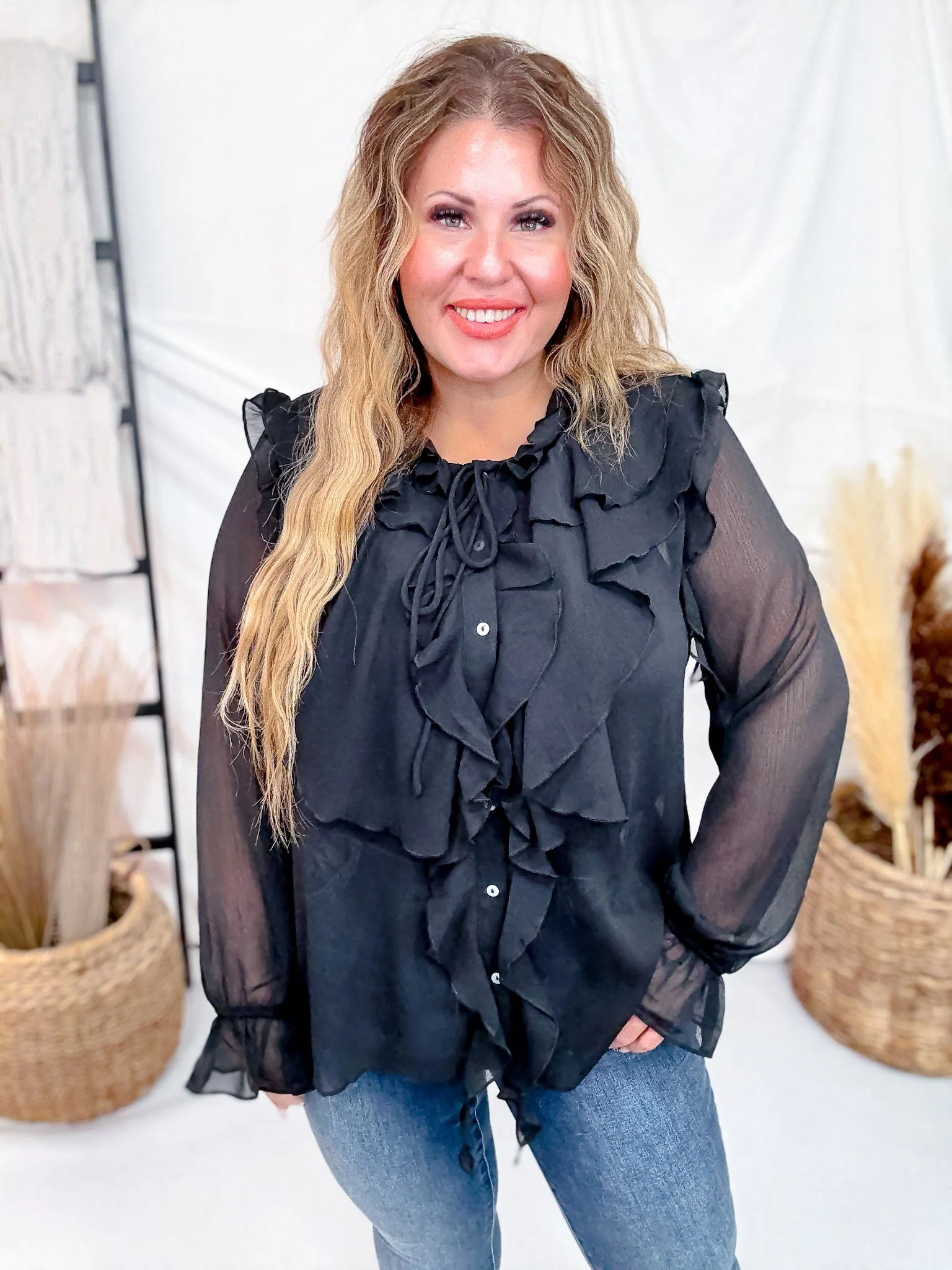 Sheer Chiffon Black Blouse W/ Cascading Ruffle Trim FINAL SALE - Image 9