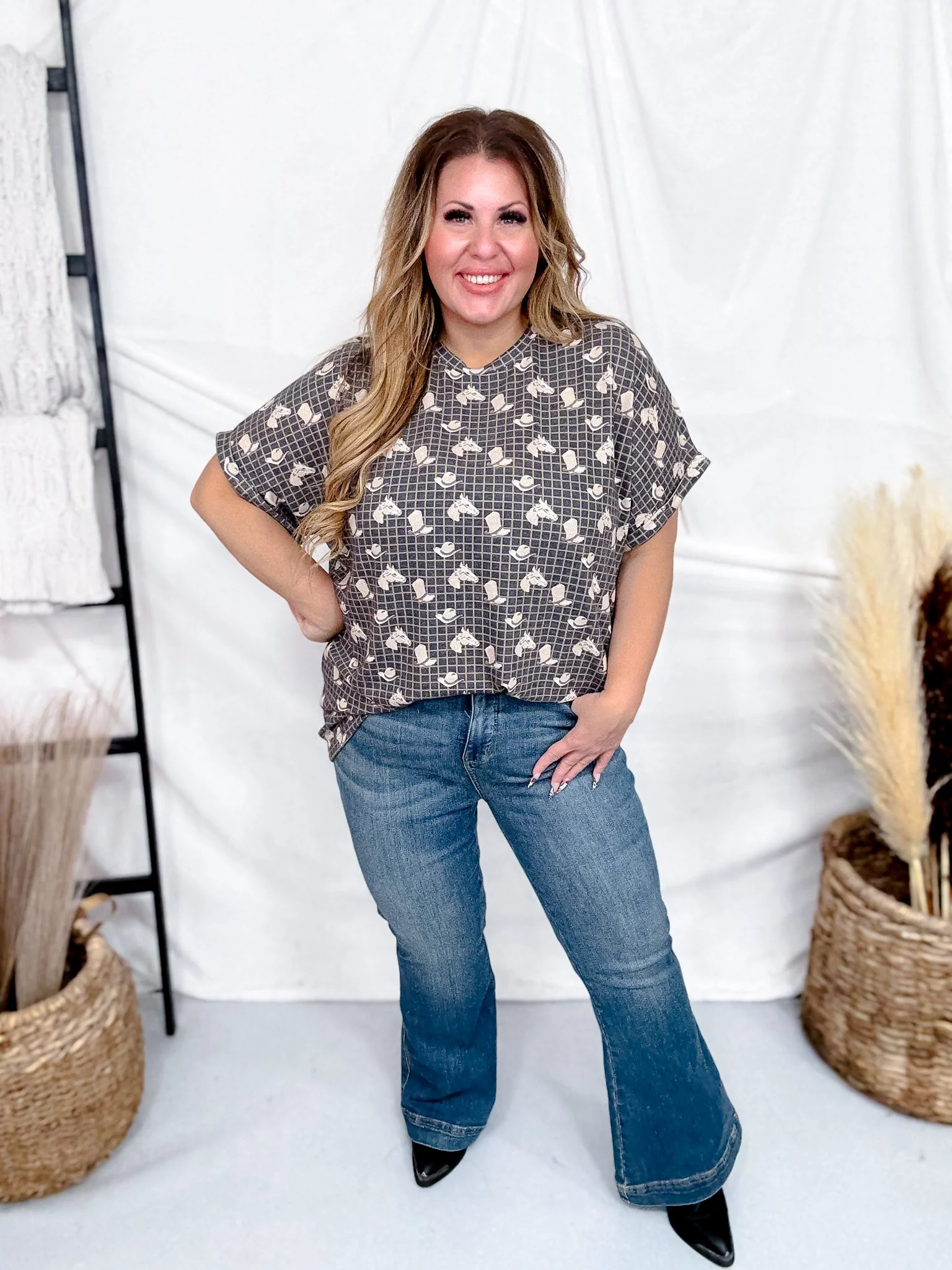 Short Cuffed Sleeve Boots, Hats, & Horses Tunic Top FINAL SALE - Image 2
