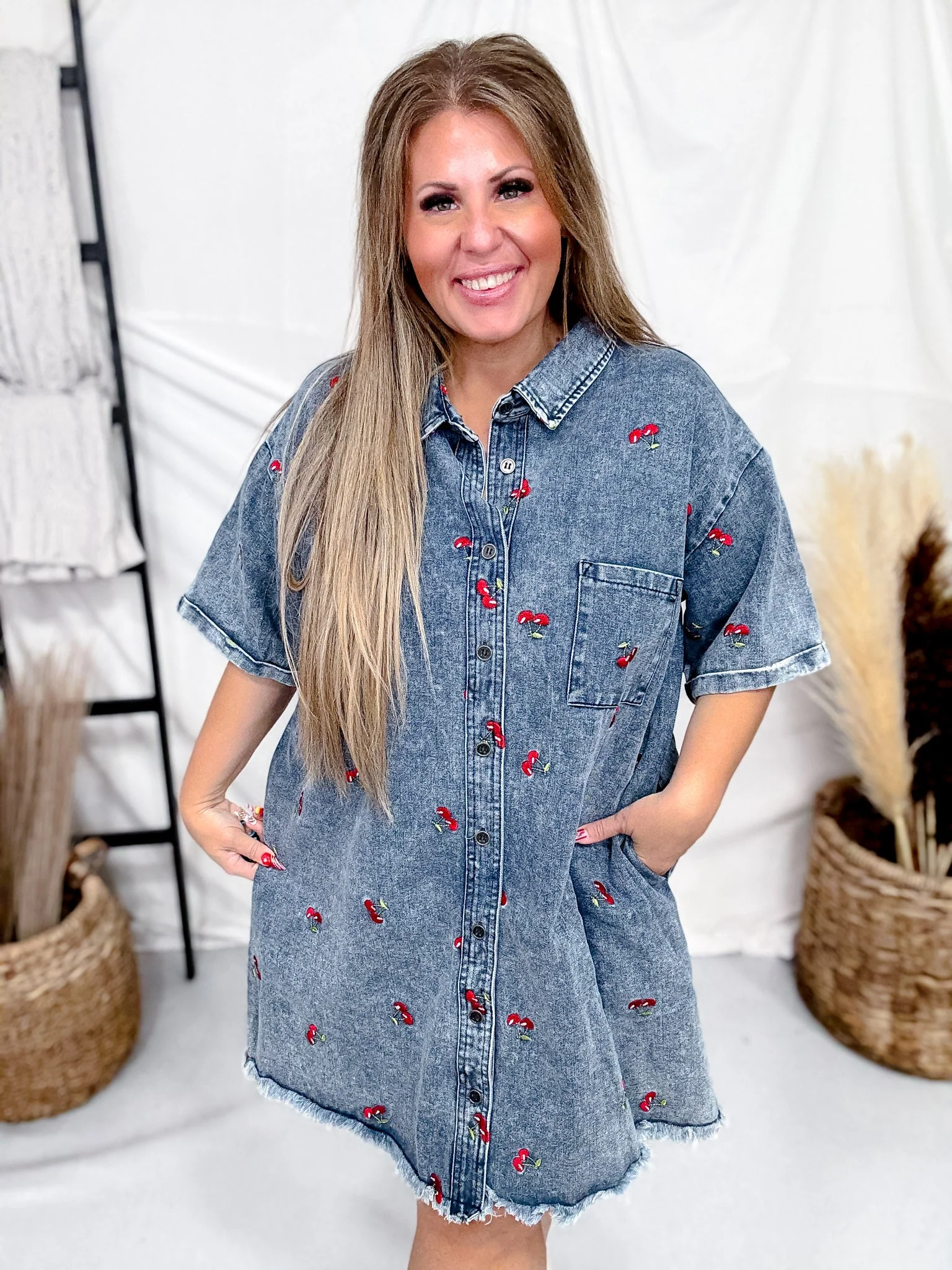 Short Sleeve Denim Dress With Cherry Embroidery FINAL SALE - Image 3