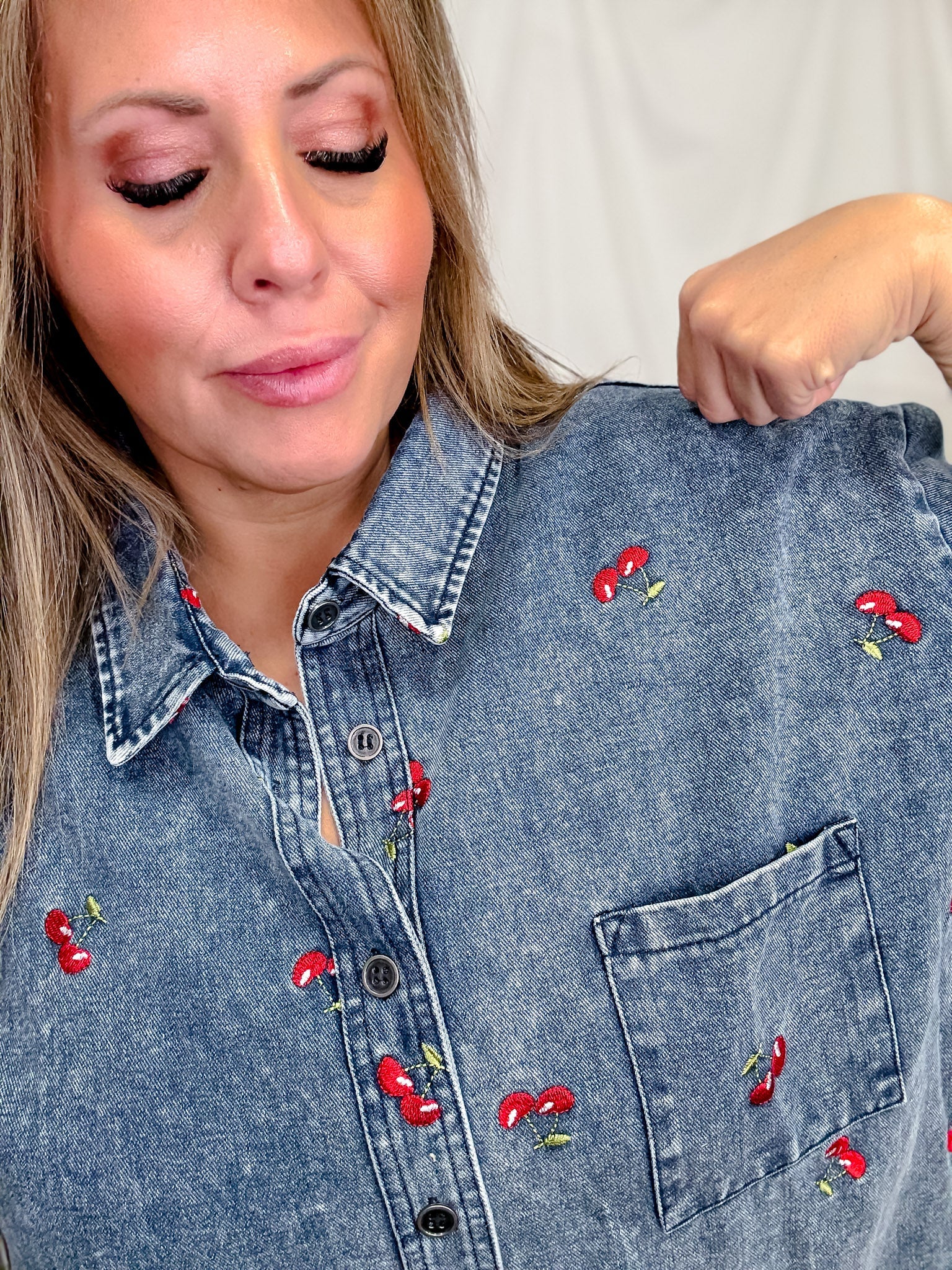 Short Sleeve Denim Dress With Cherry Embroidery FINAL SALE - Image 4