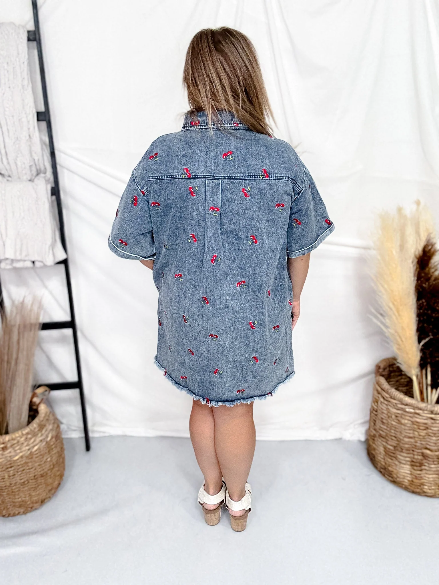 Short Sleeve Denim Dress With Cherry Embroidery FINAL SALE - Image 7
