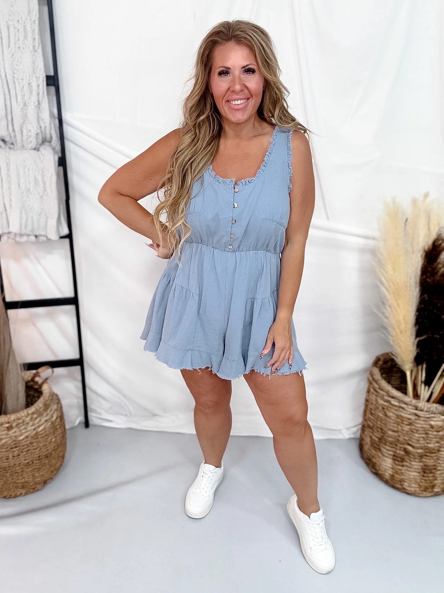 Sleeveless Scoop Neck Chambray Romper With Ruffle Trim - Image 4