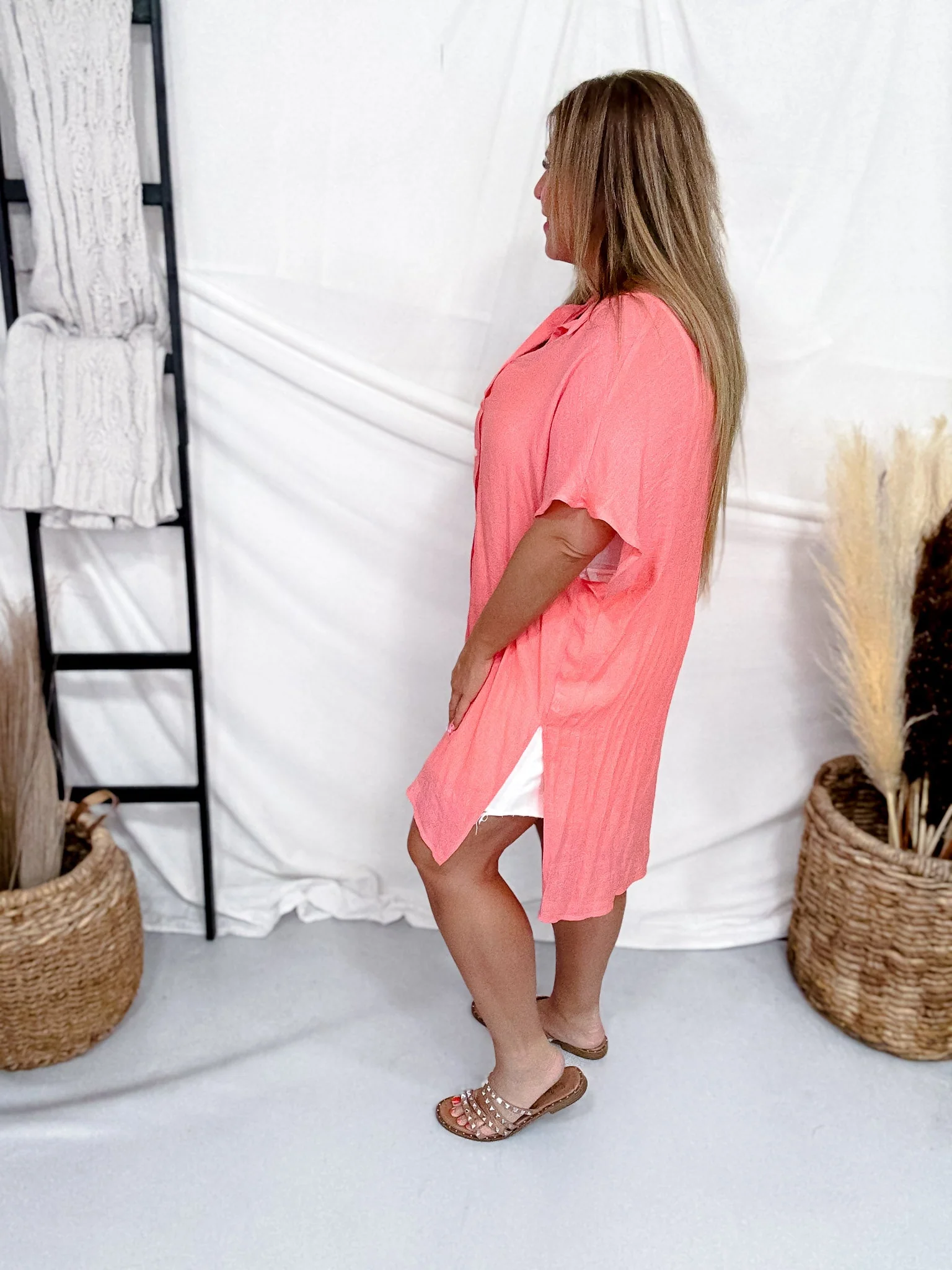Solid Coral Short Sleeve Button Down FINAL SALE - Image 3