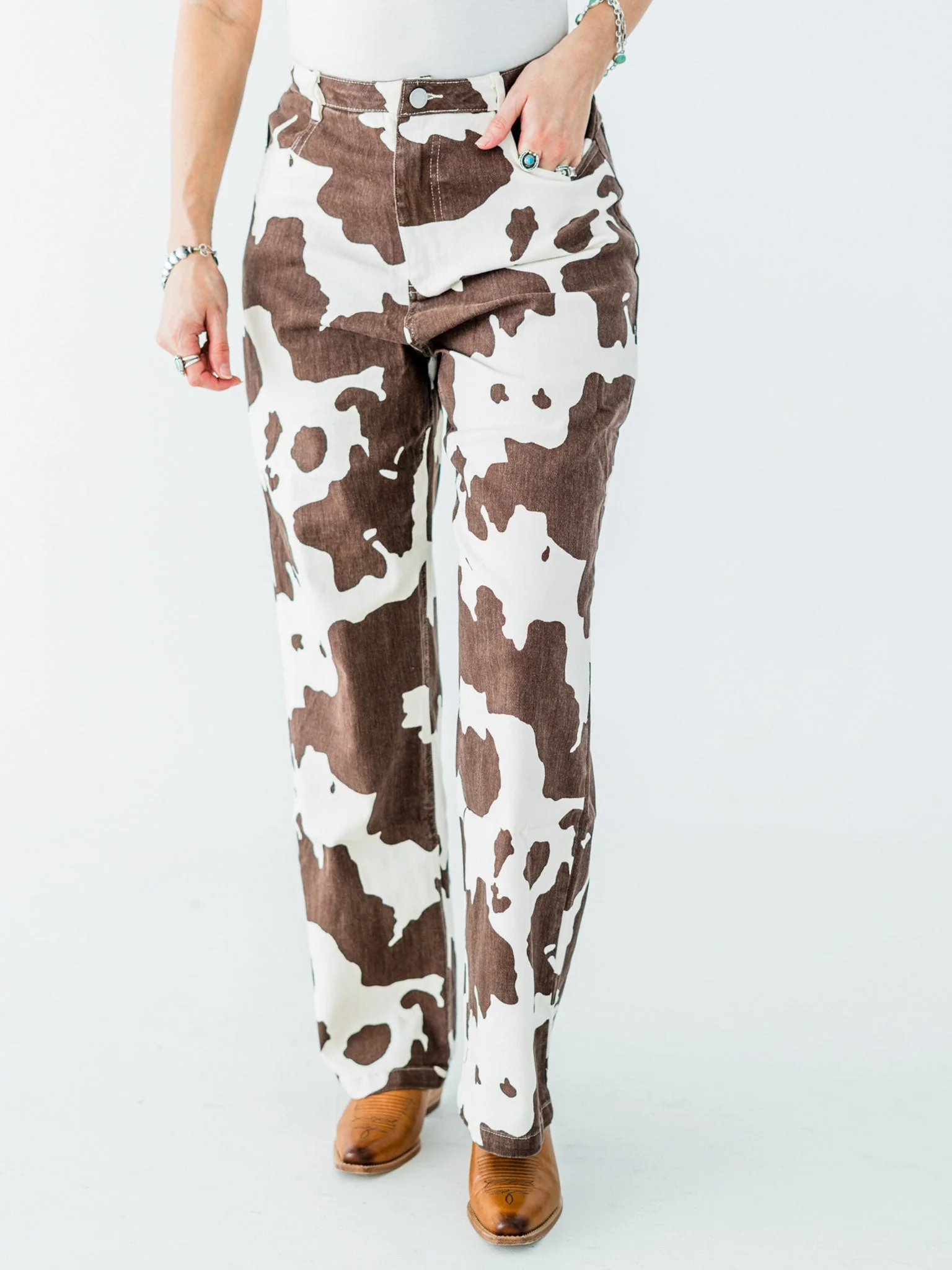 Straight Leg Brown & White Cow Print Denim Pants FINAL SALE - Image 3