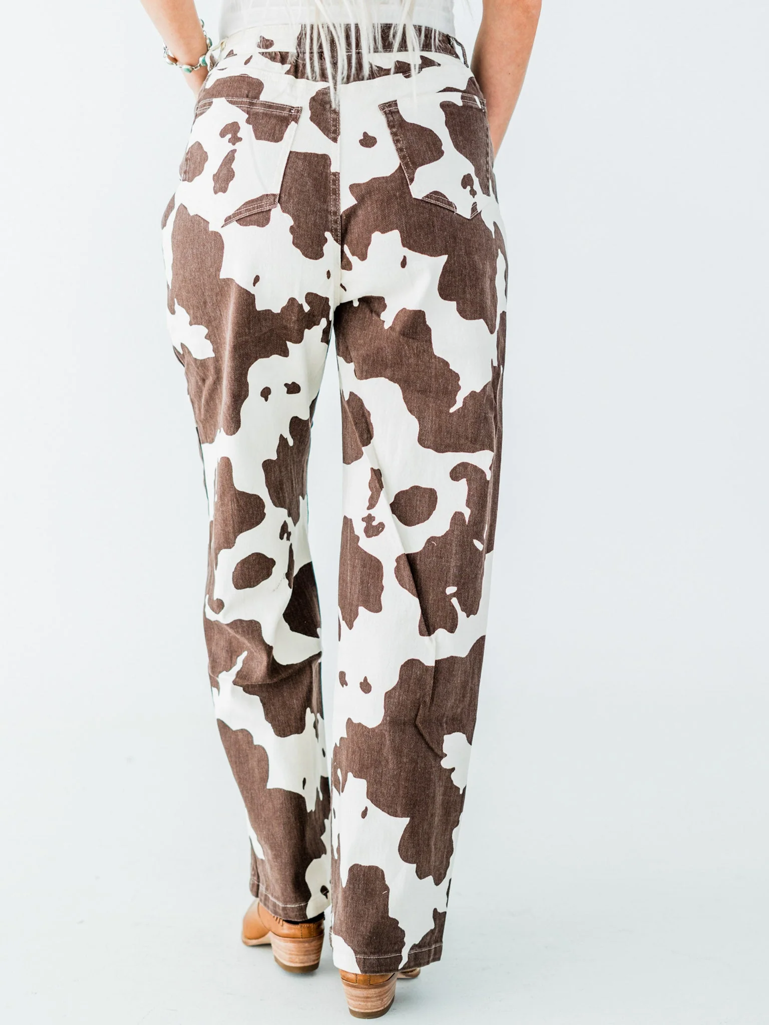 Straight Leg Brown & White Cow Print Denim Pants FINAL SALE - Image 4