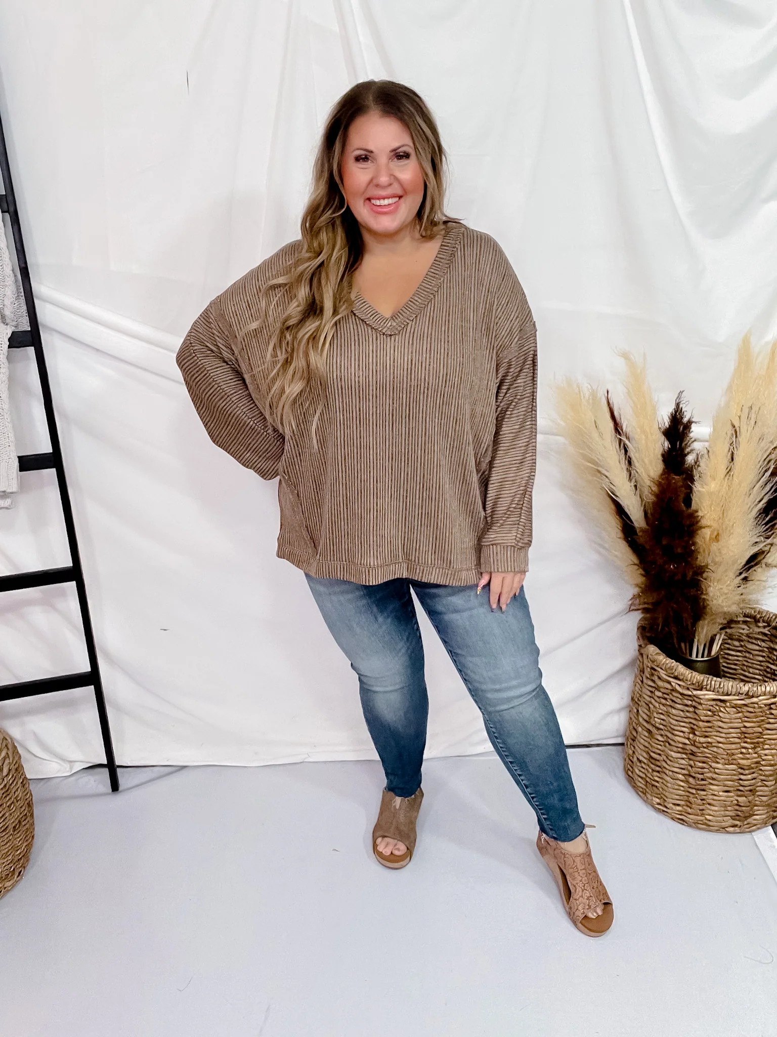 Striped V-Neck Drop Shoulder Top in Brown FINAL SALE - Image 2