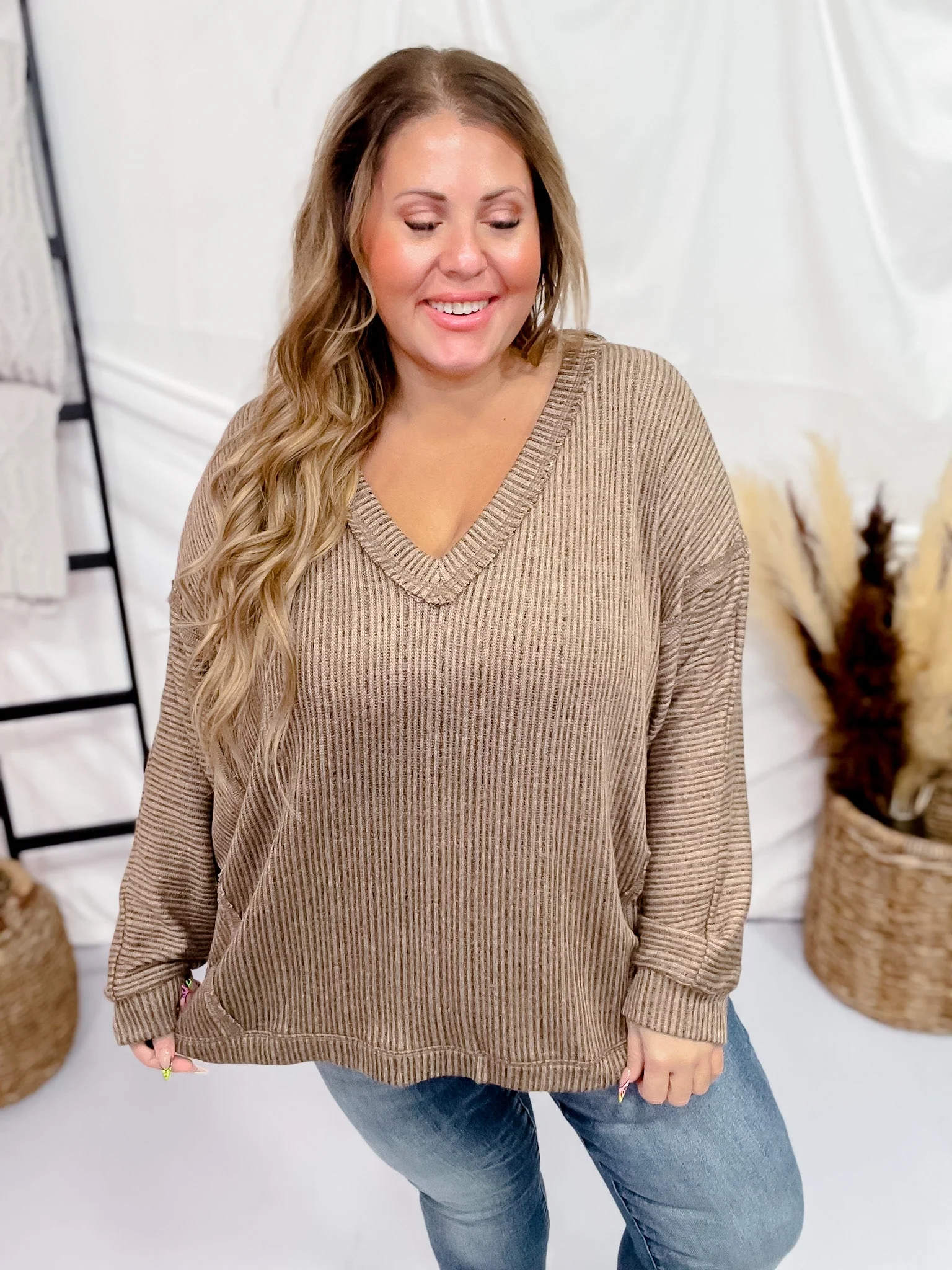 Striped V-Neck Drop Shoulder Top in Brown FINAL SALE - Image 5