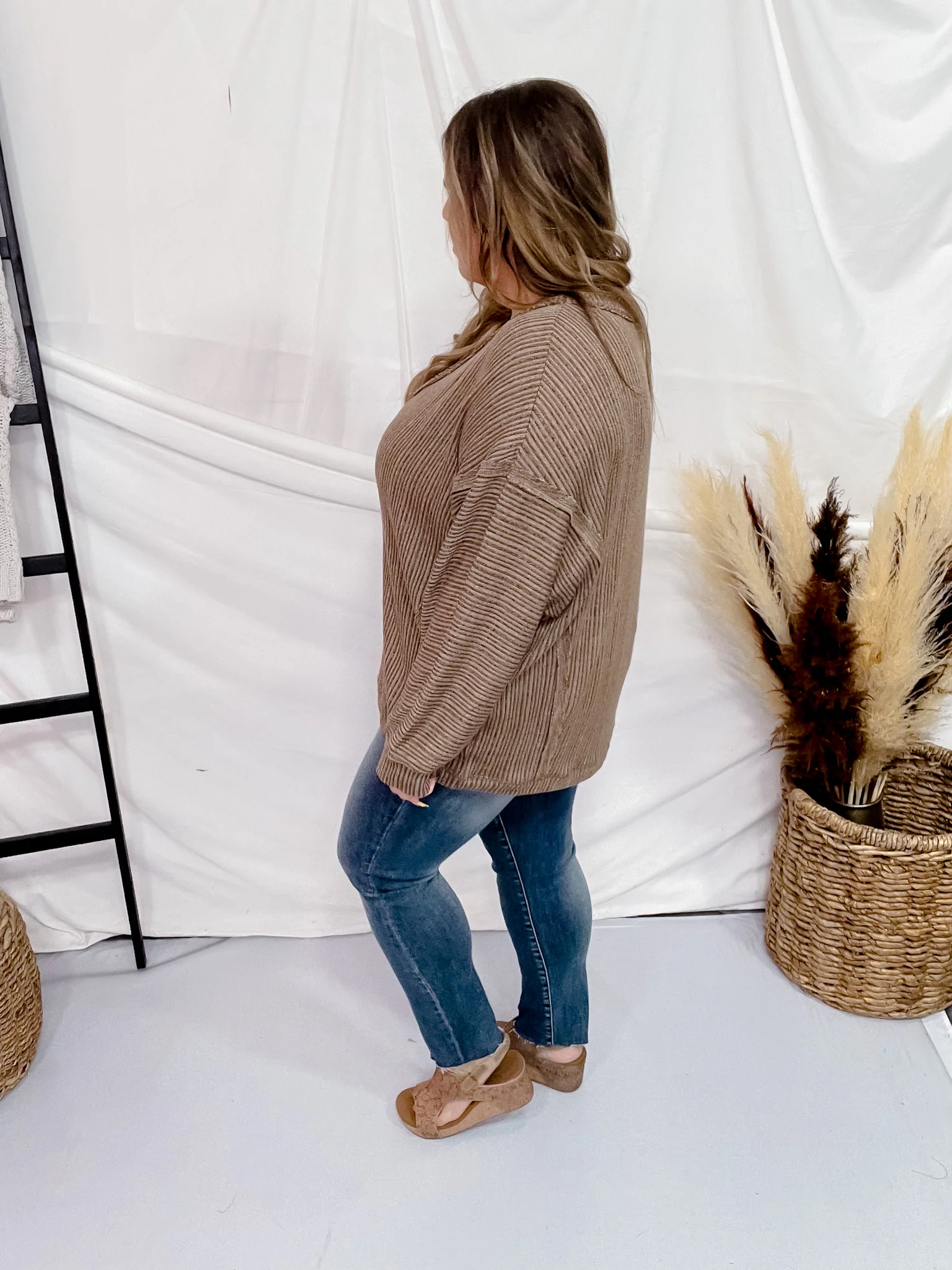Striped V-Neck Drop Shoulder Top in Brown FINAL SALE - Image 7