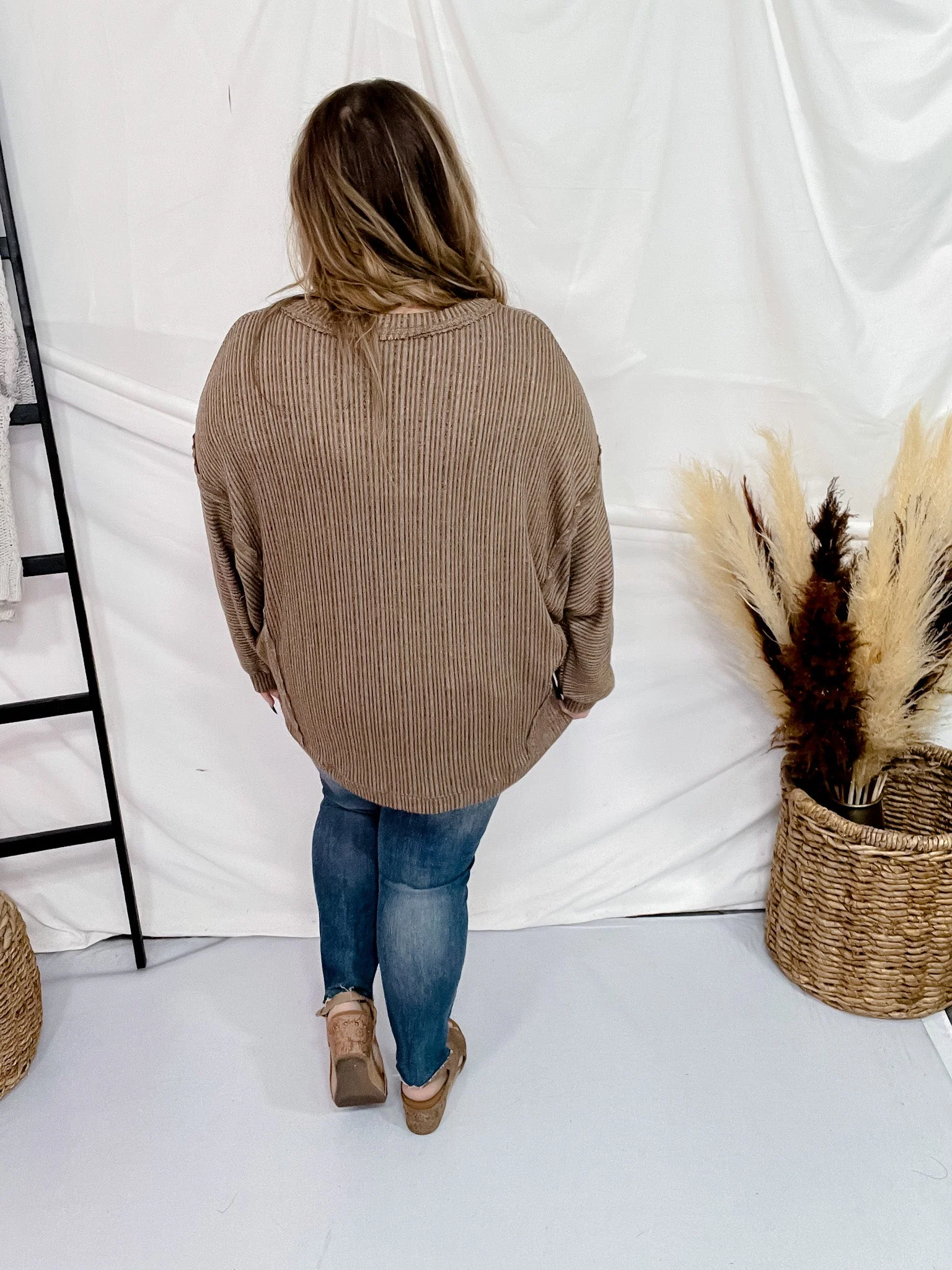 Striped V-Neck Drop Shoulder Top in Brown FINAL SALE - Image 8