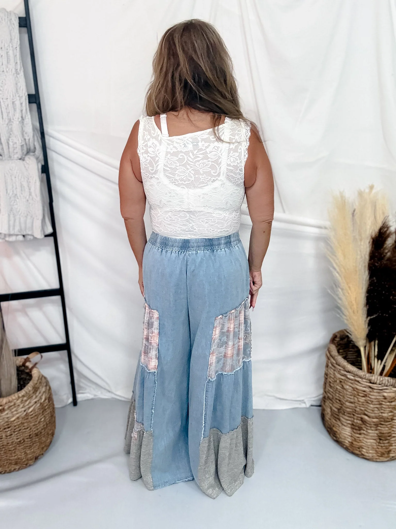 Studded Patchwork Chambray Wide Leg Pants W/ Elastic Waist FINAL SALE - Image 5