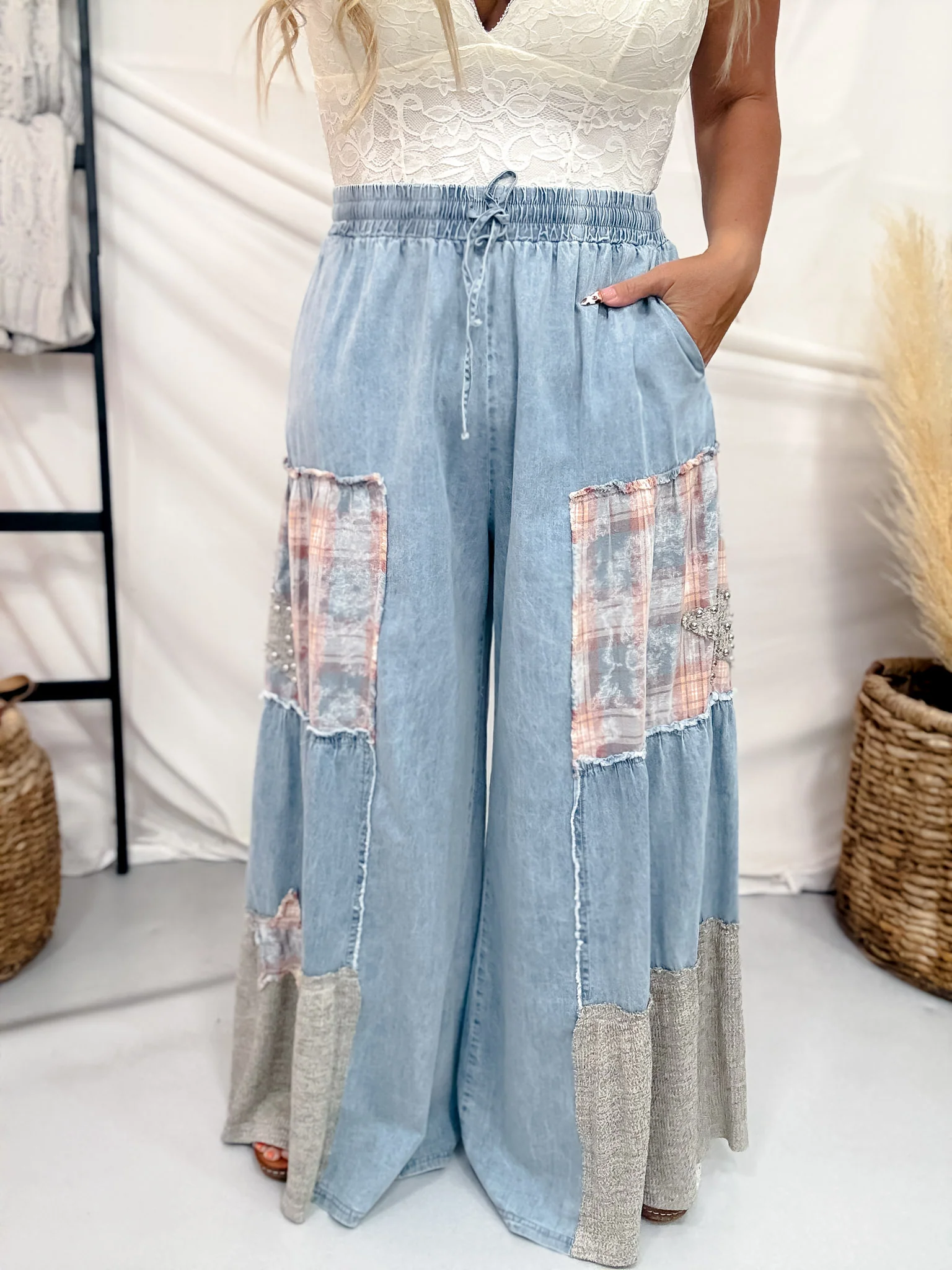 Studded Patchwork Chambray Wide Leg Pants W/ Elastic Waist FINAL SALE - Image 6