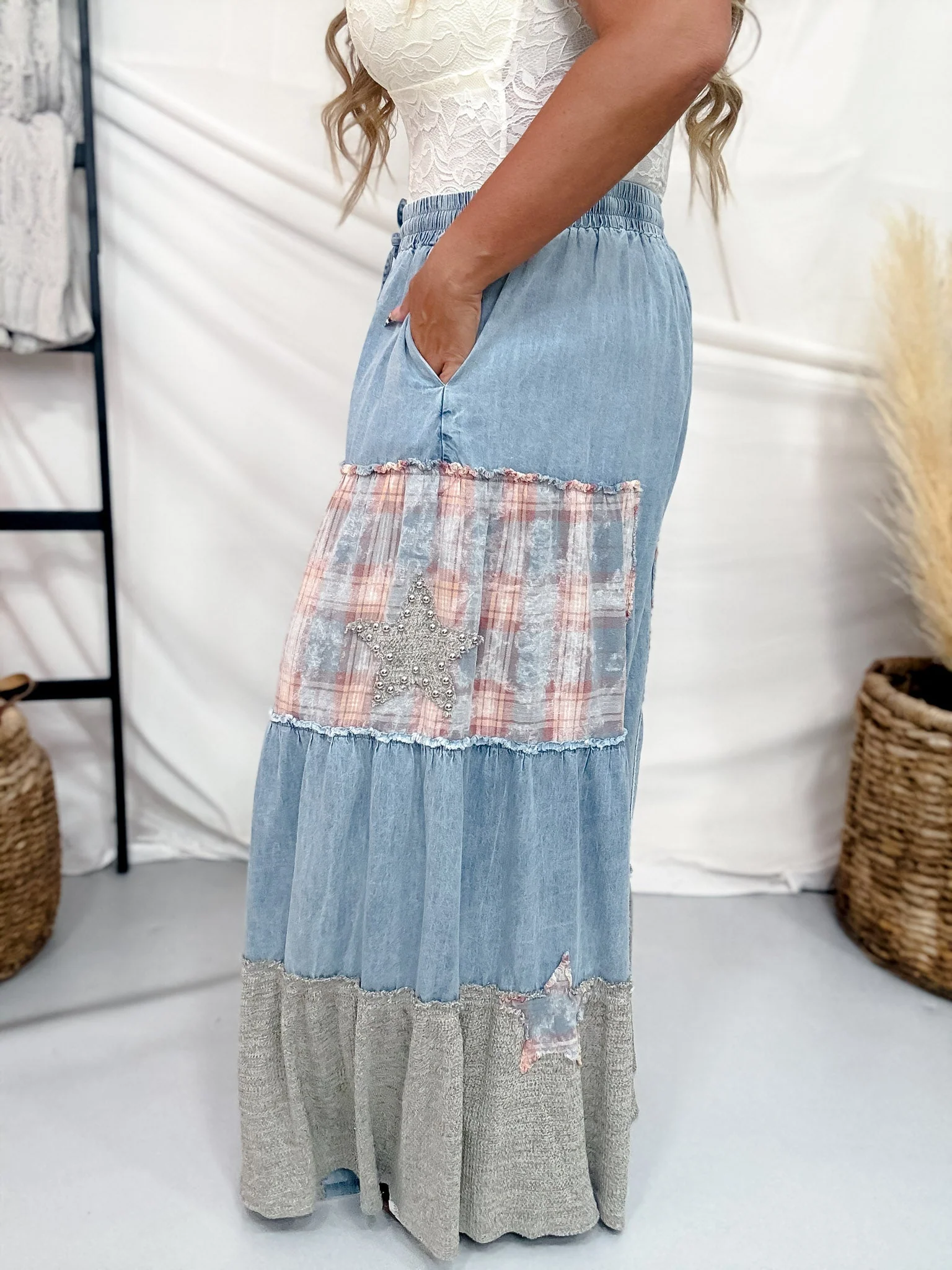 Studded Patchwork Chambray Wide Leg Pants W/ Elastic Waist FINAL SALE - Image 7