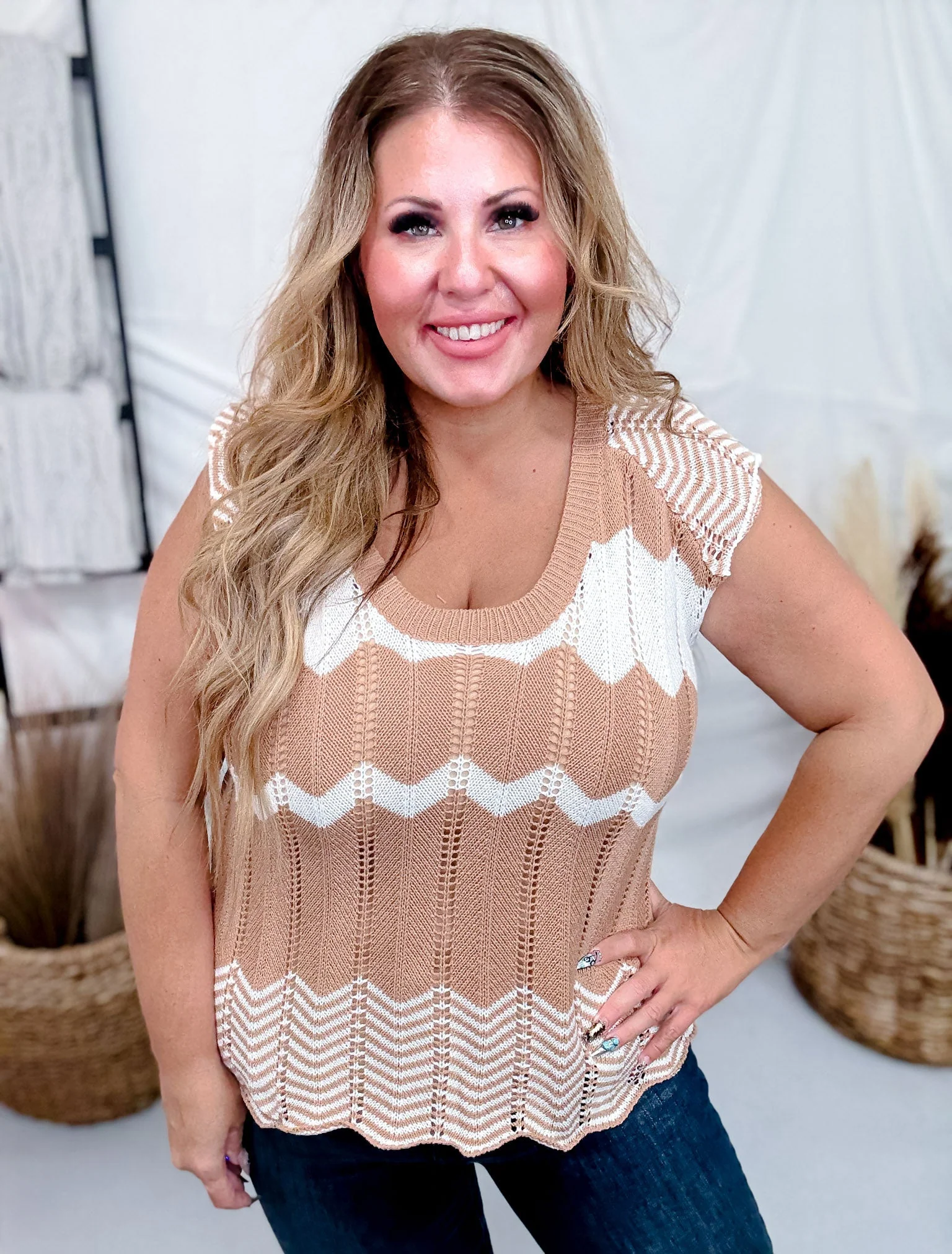 Tan And Cream Textured Knit Sleeveless Top FINAL SALE - Image 4