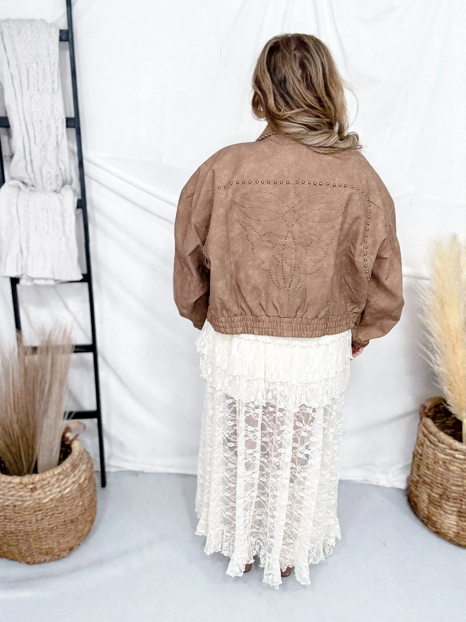 Tan Cropped Faux Leather Jacket With Studs FINAL SALE - Image 7
