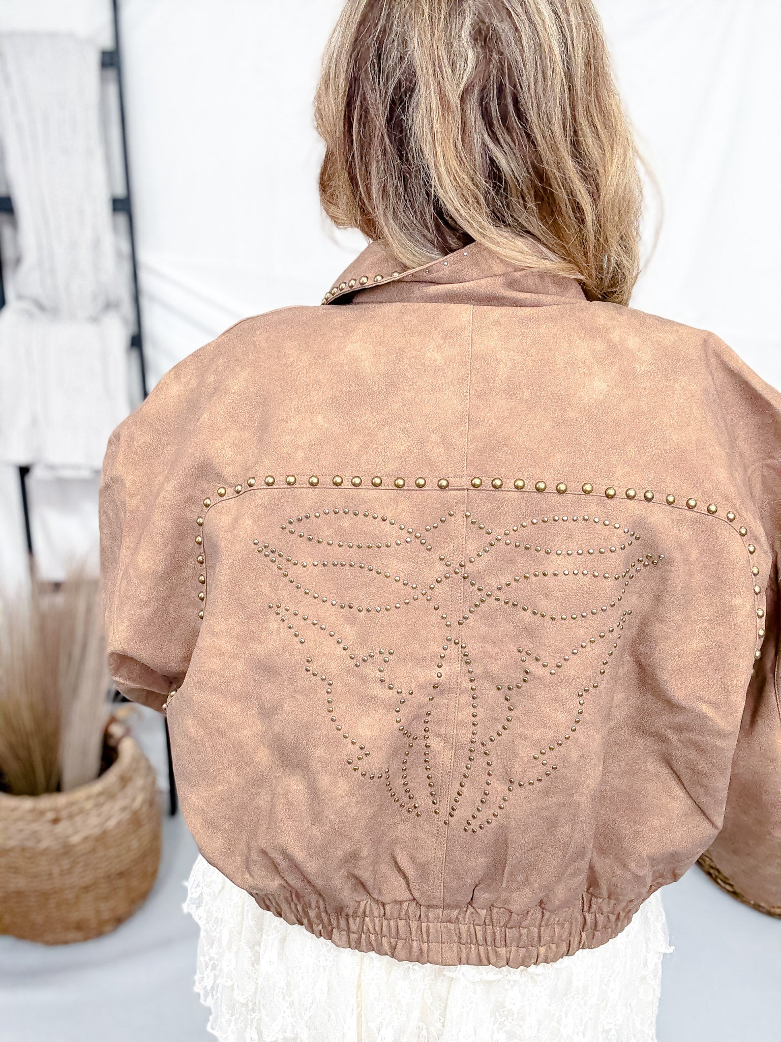 Tan Cropped Faux Leather Jacket With Studs FINAL SALE - Image 9