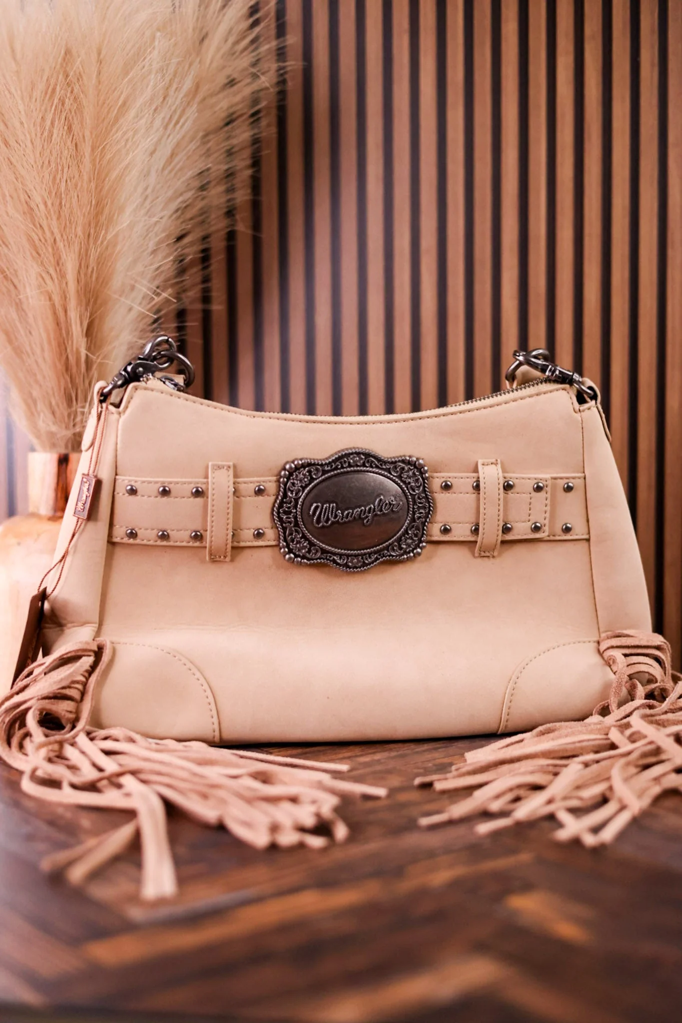 Tan Faux Leather Wrangler Belt Buckle Fringe Purse FINAL SALE - Image 3