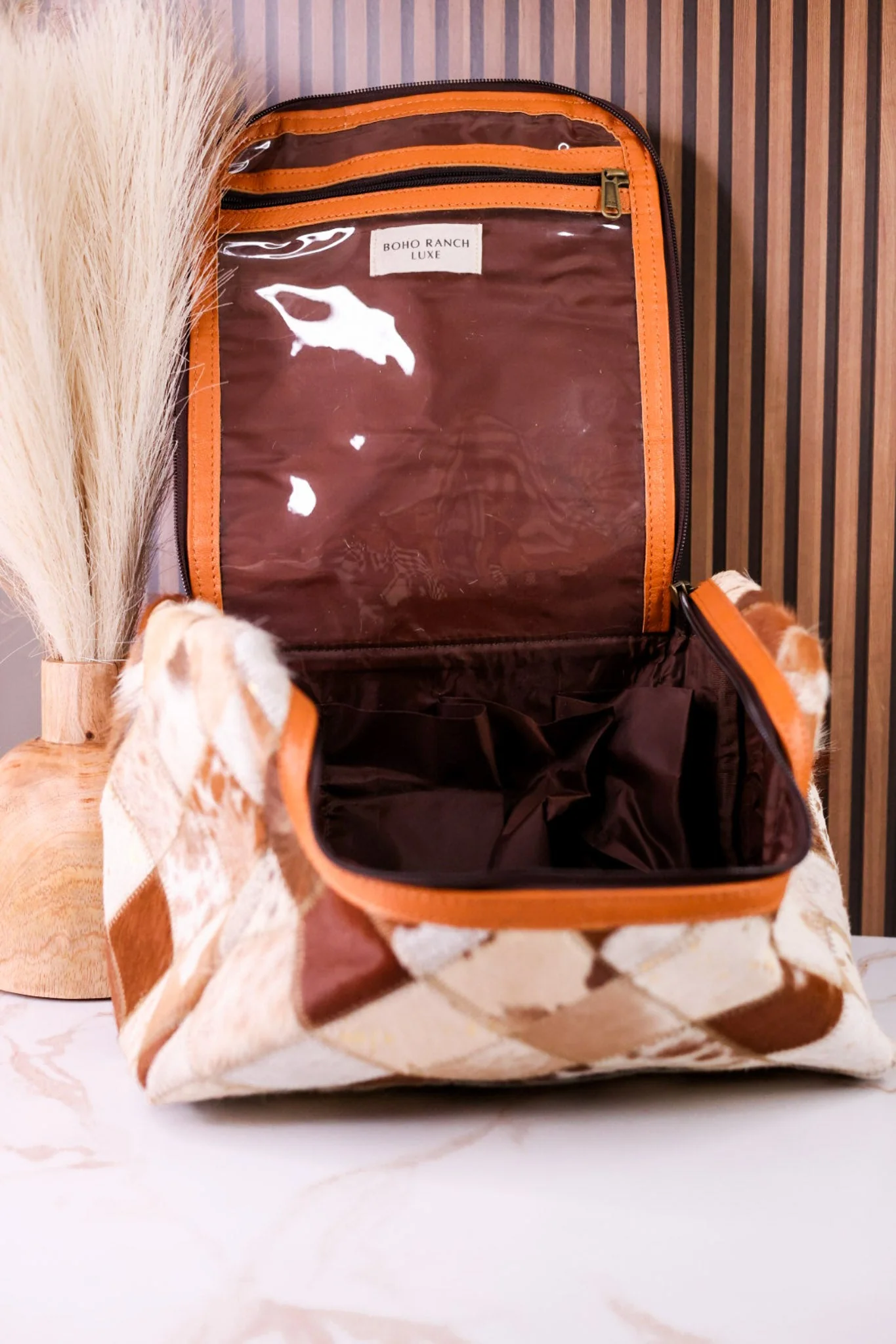 Tan Hair-On Leather Travel Toiletry Bag - Image 2