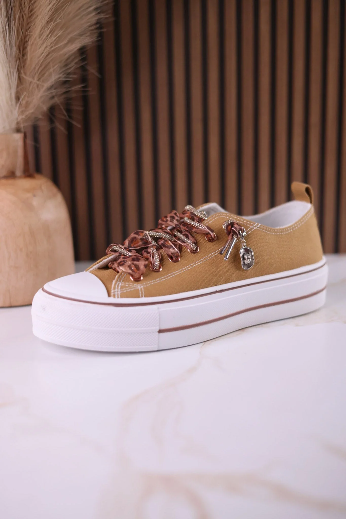 Tan "Harmon" Sneakers With Leopard Print & Sparkle Laces - Image 10