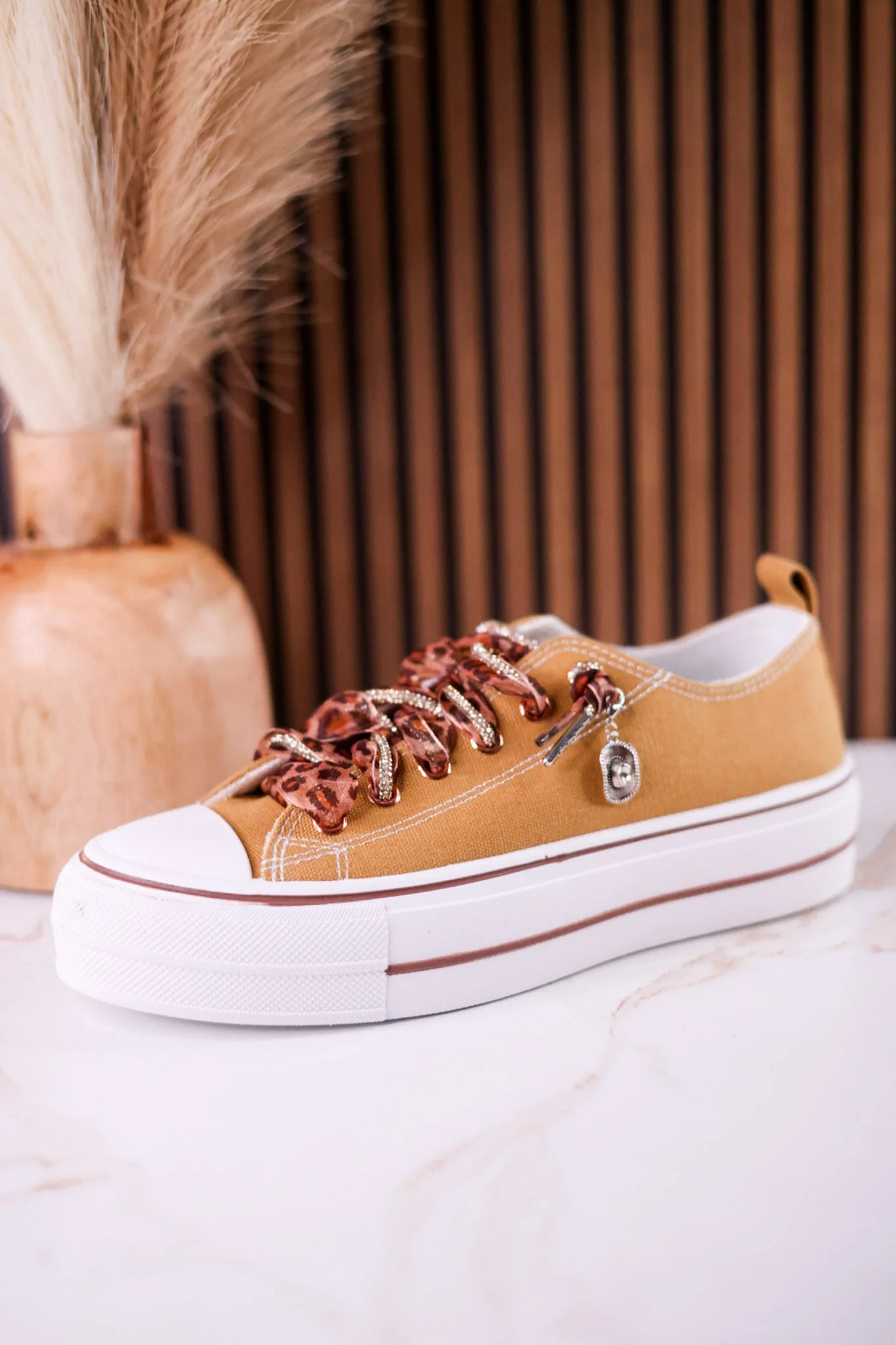 Tan "Harmon" Sneakers With Leopard Print & Sparkle Laces - Image 3
