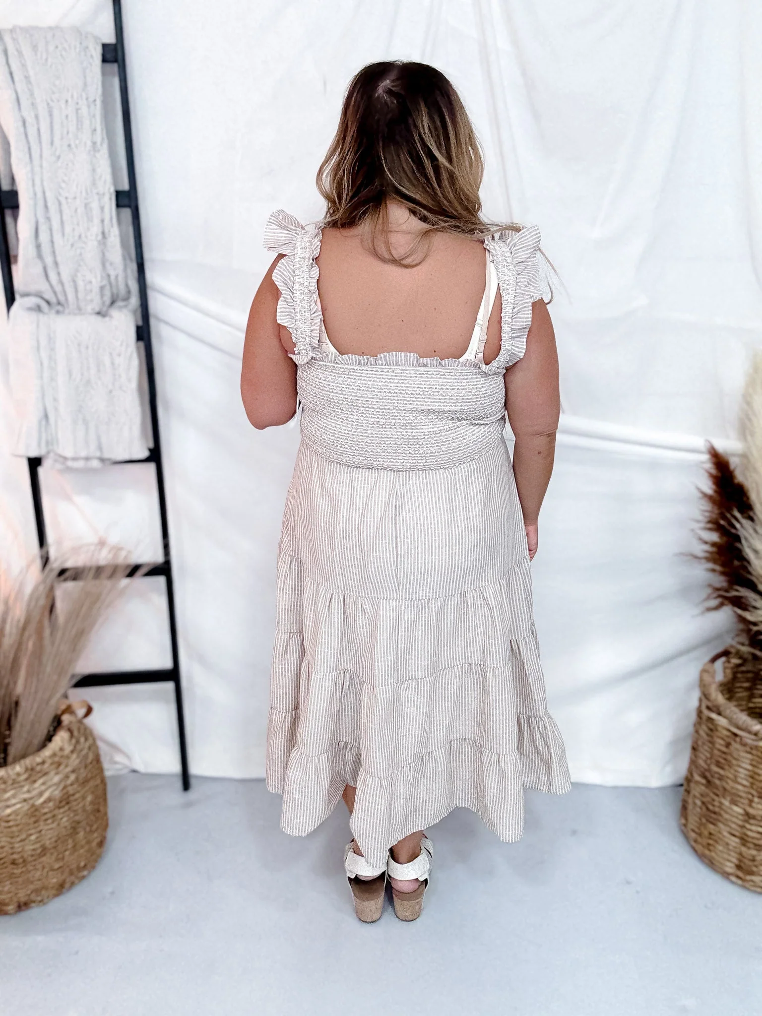 Tan Striped Tiered Maxi Dress with Ruffle Straps FINAL SALE - Image 6