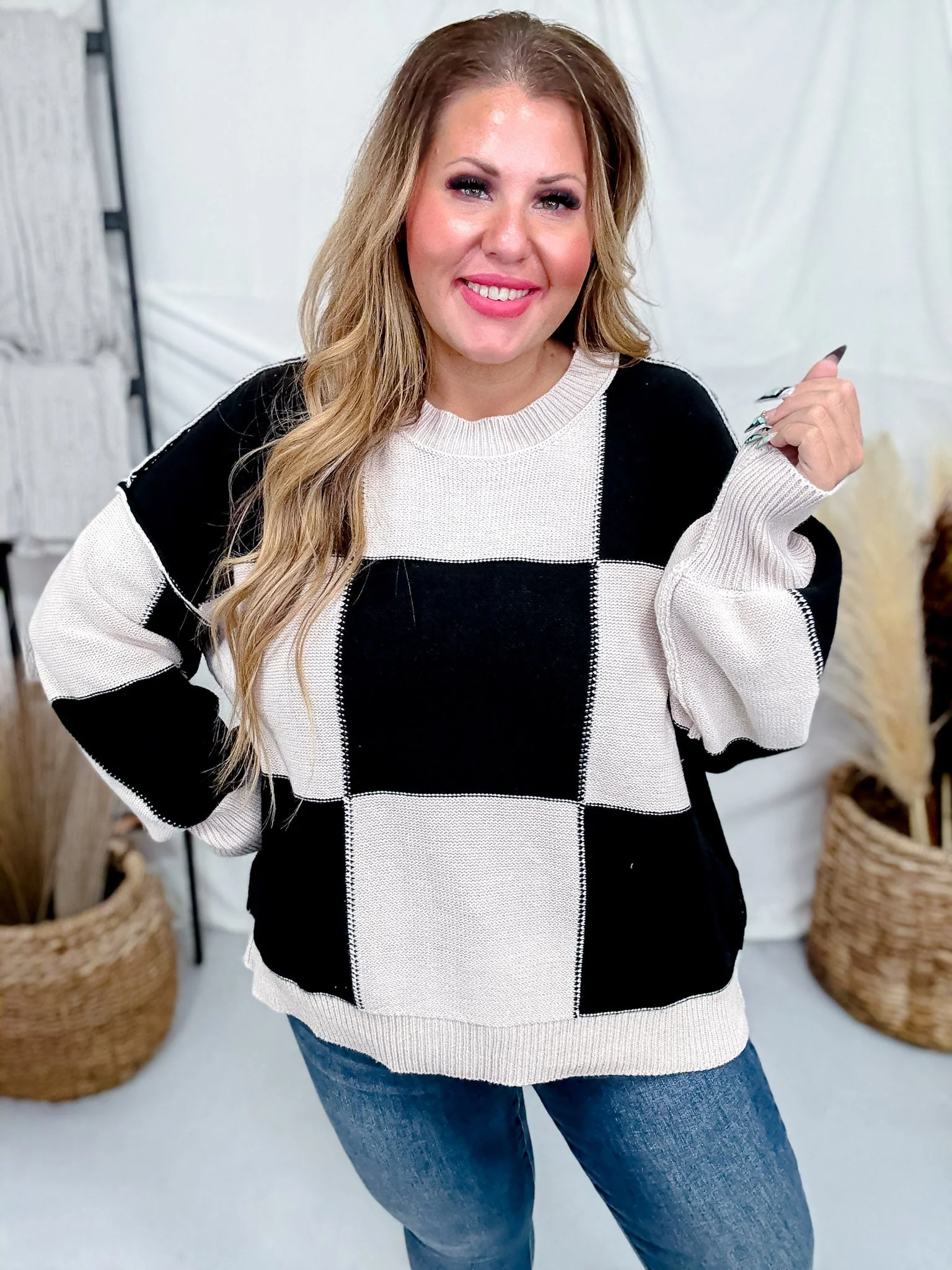 Taupe And Black Checkerboard Knit Sweater FINAL SALE - Image 6