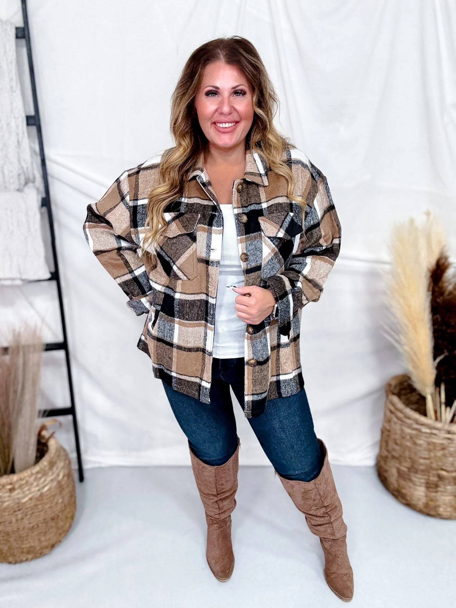 Taupe Cozy Plaid Button Down Flannel Shacket - Image 5