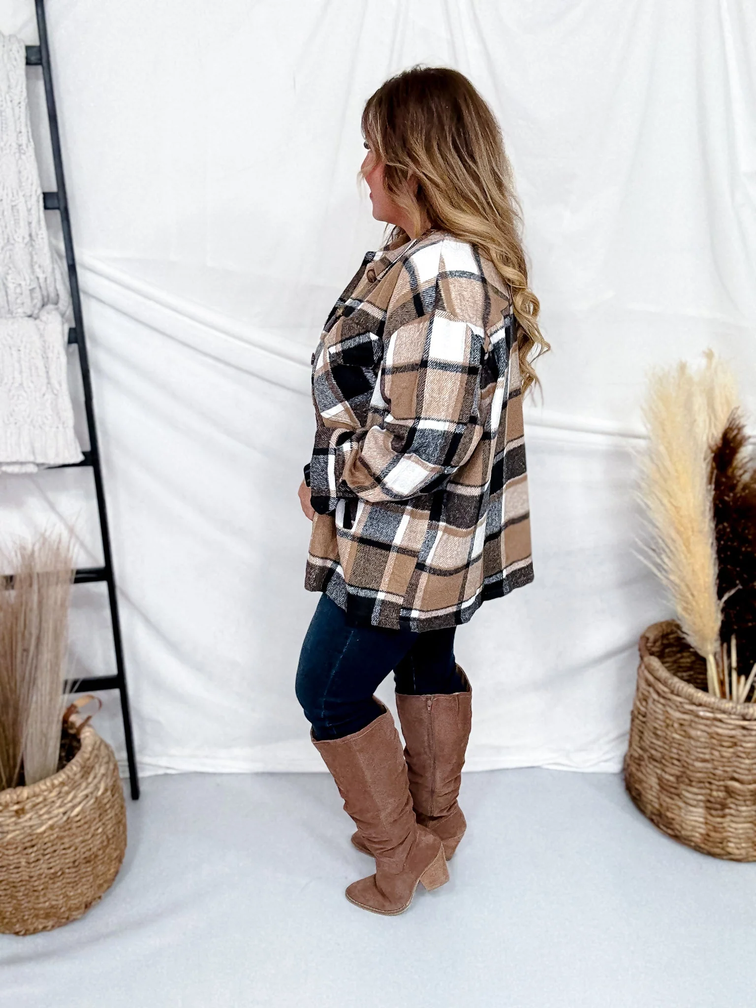 Taupe Cozy Plaid Button Down Flannel Shacket - Image 7