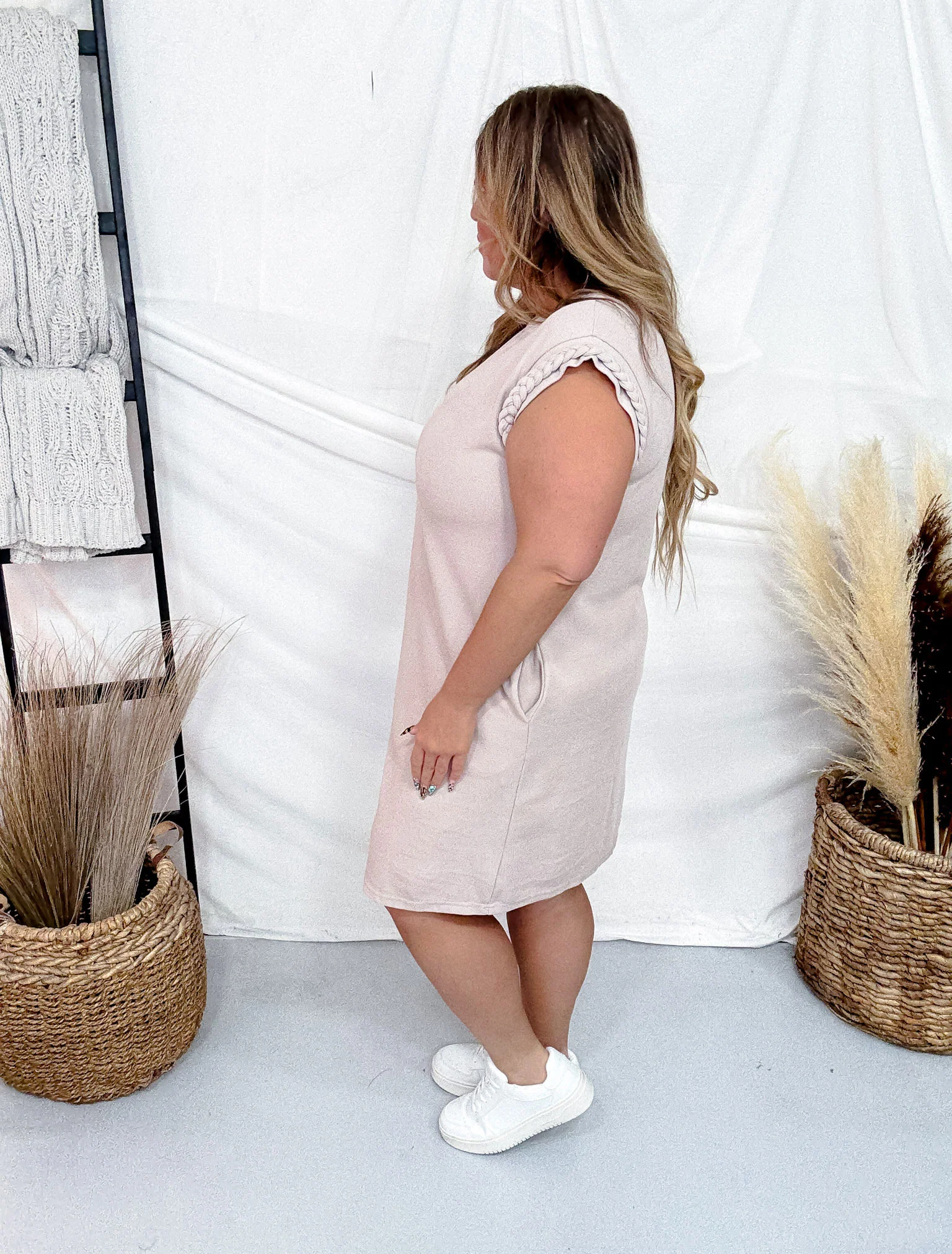 Taupe Knit Midi Dress With Braided Cap Sleeves FINAL SALE - Image 5