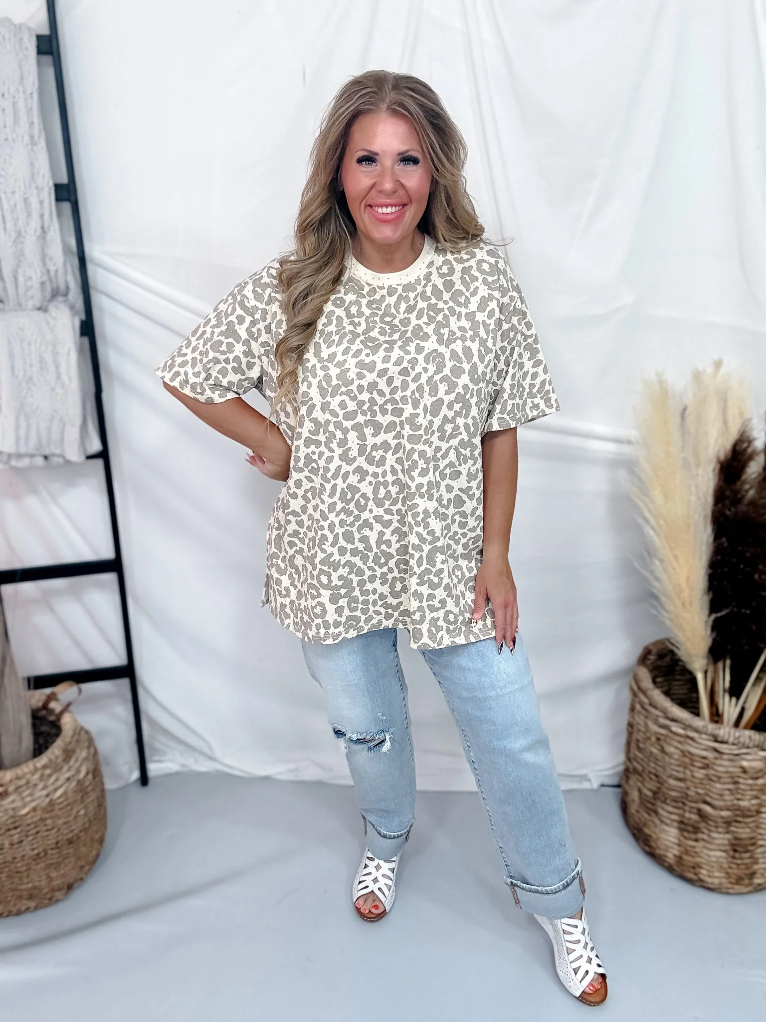 Taupe Leopard Print Short Sleeve Top With Iridescent Rhinestones - Image 2