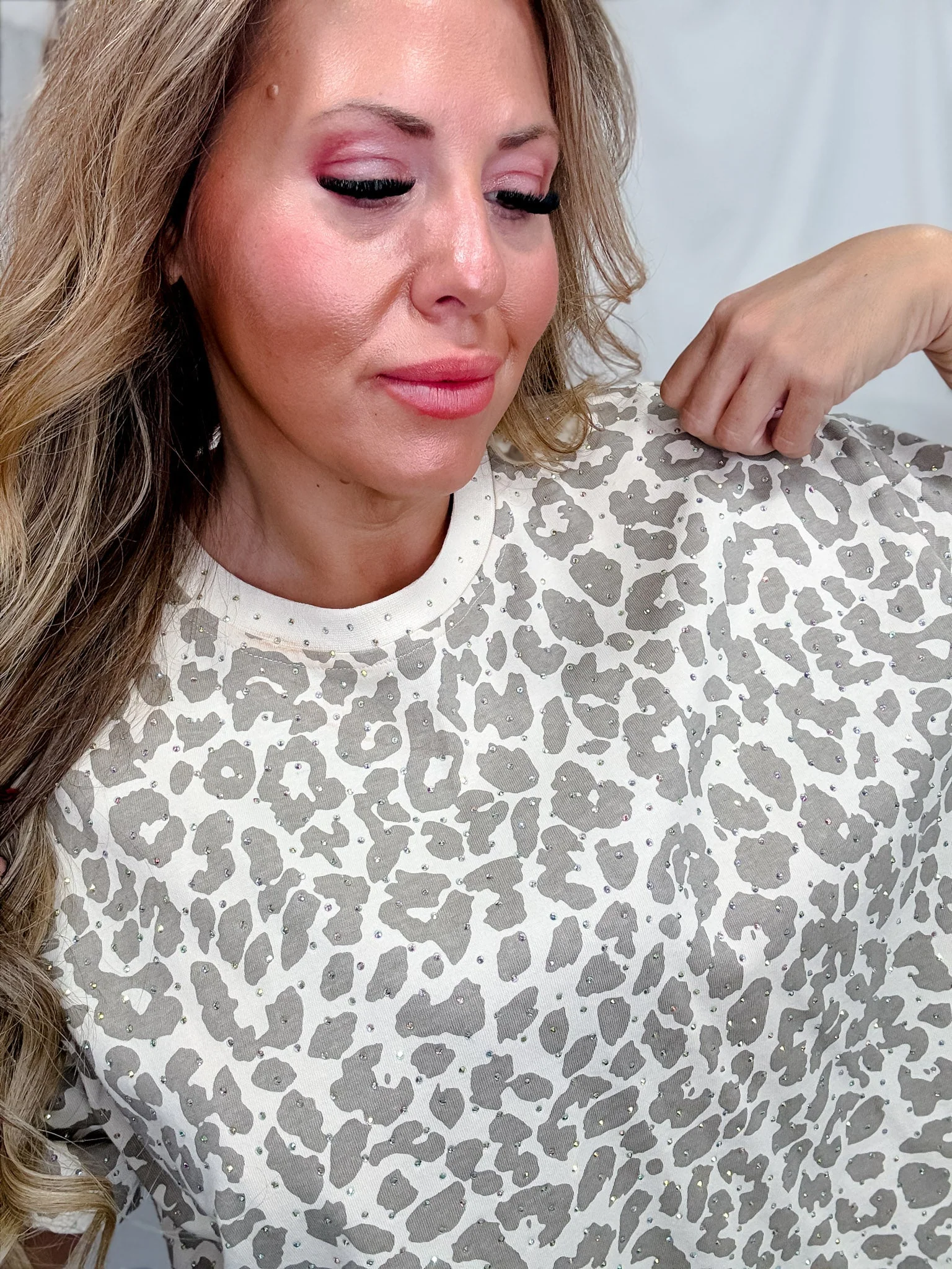 Taupe Leopard Print Short Sleeve Top With Iridescent Rhinestones - Image 3