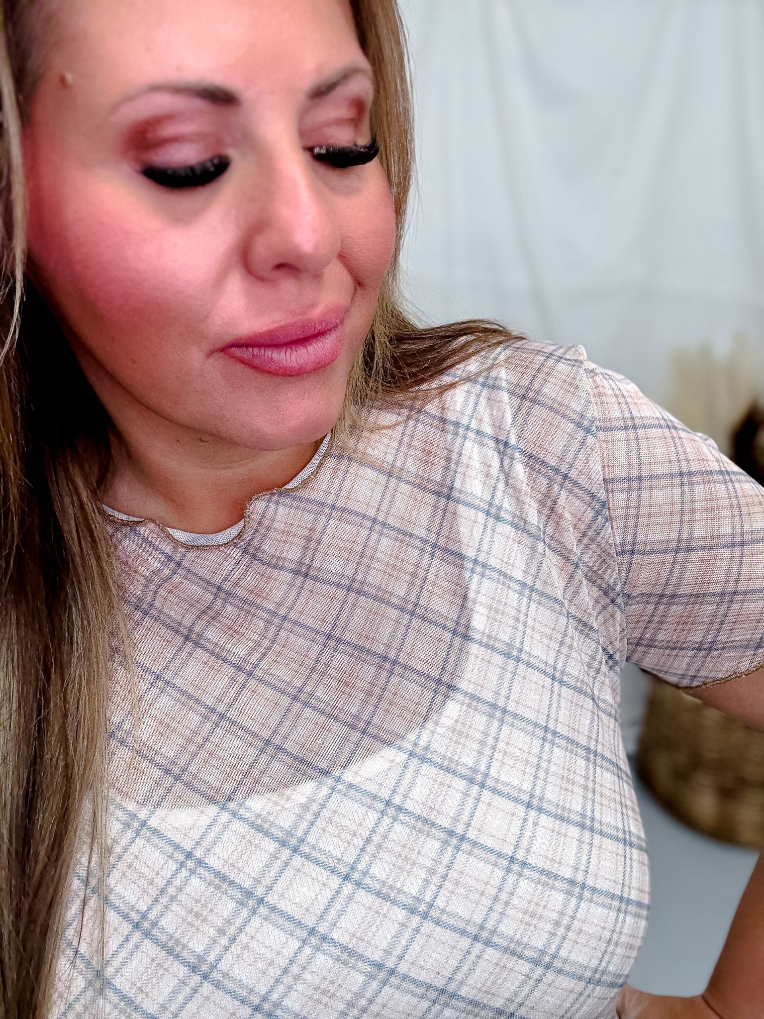Taupe Plaid Short Sleeve Mesh Top With Lettuce Edge Hems FINAL SALE - Image 3