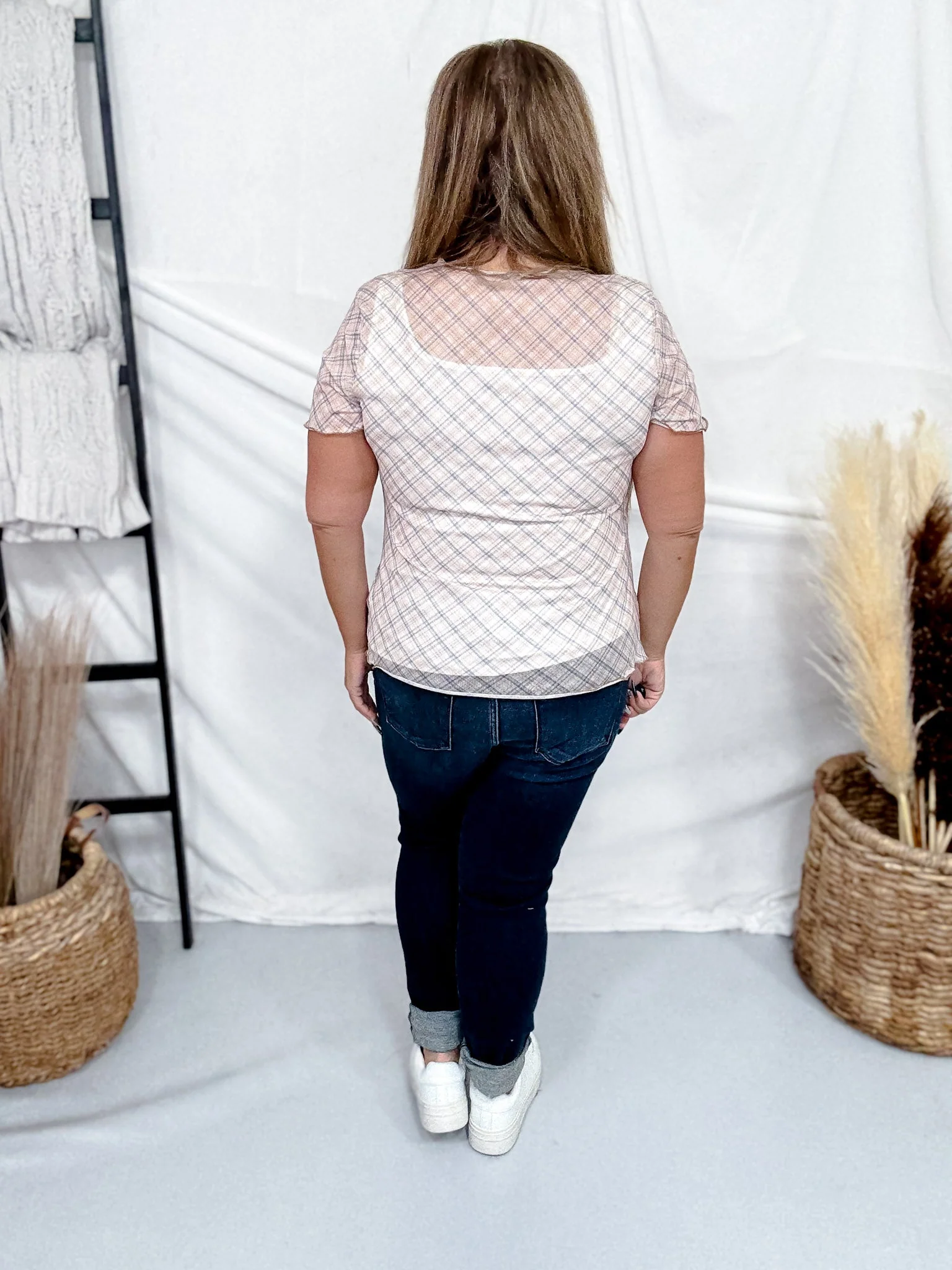 Taupe Plaid Short Sleeve Mesh Top With Lettuce Edge Hems FINAL SALE - Image 7