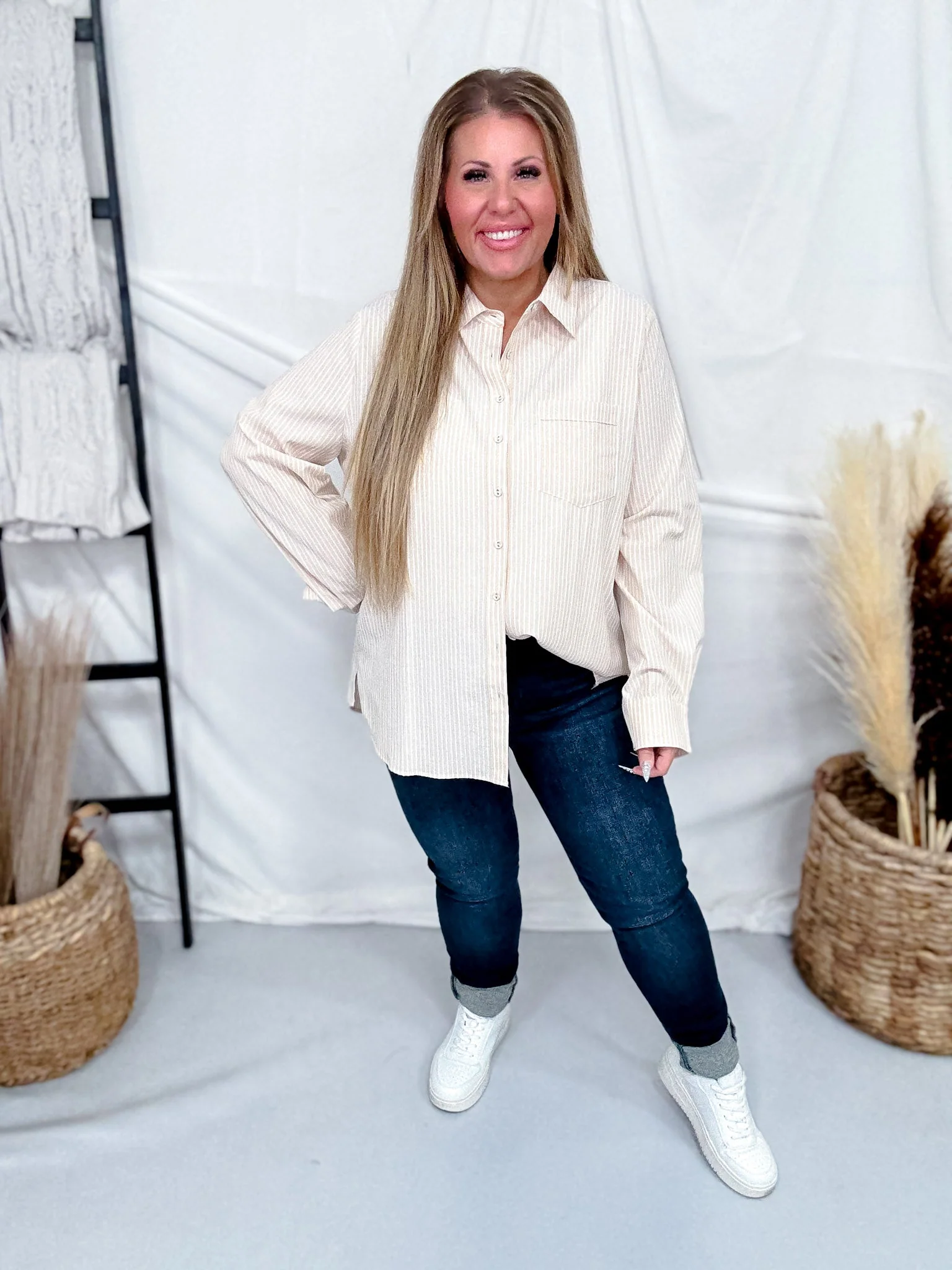 Taupe Striped Long Sleeve Button Down Shirt - Image 2
