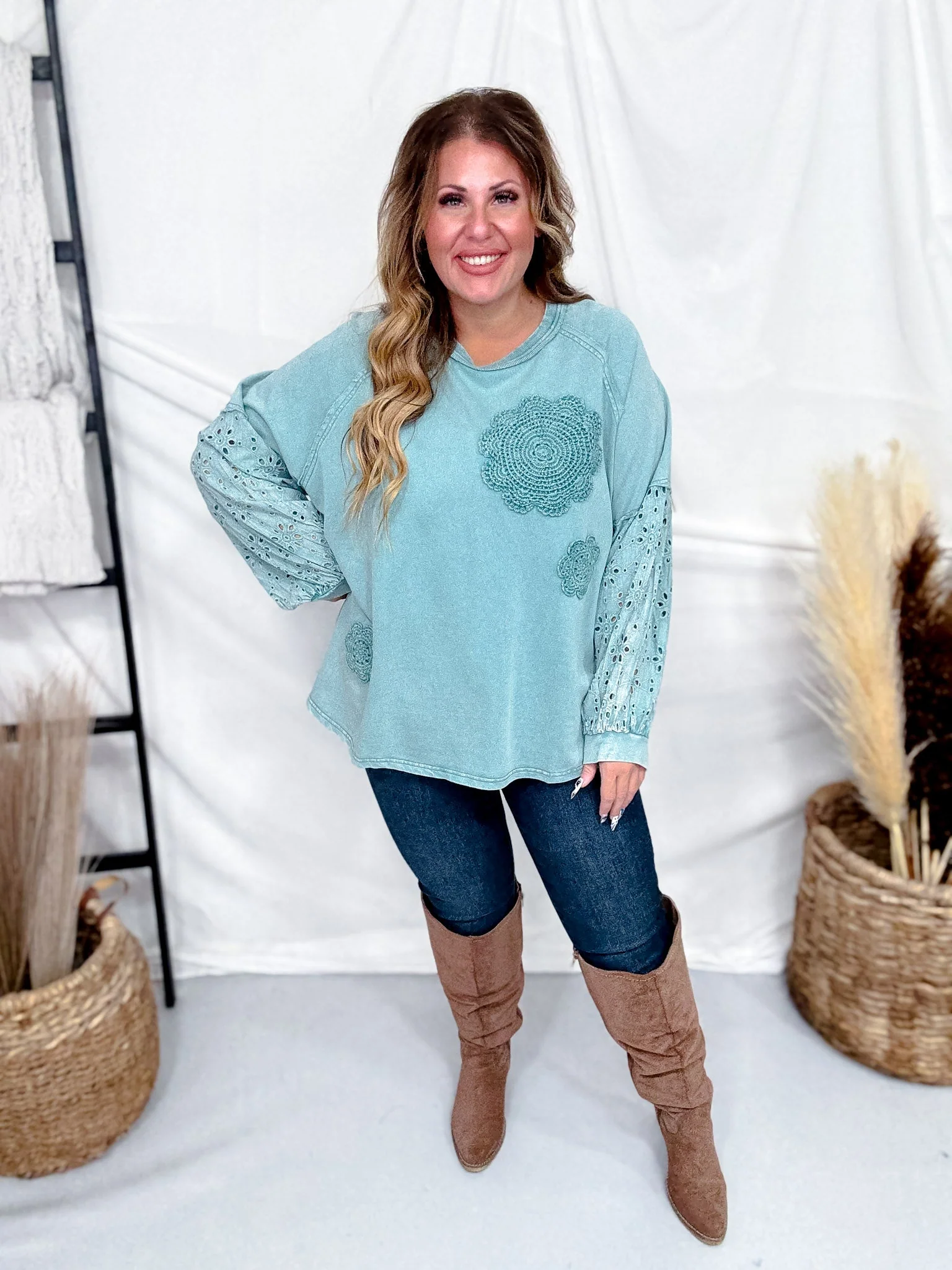 Teal Washed Terry Pullover With Eyelet Lace Sleeves FINAL SALE - Image 2