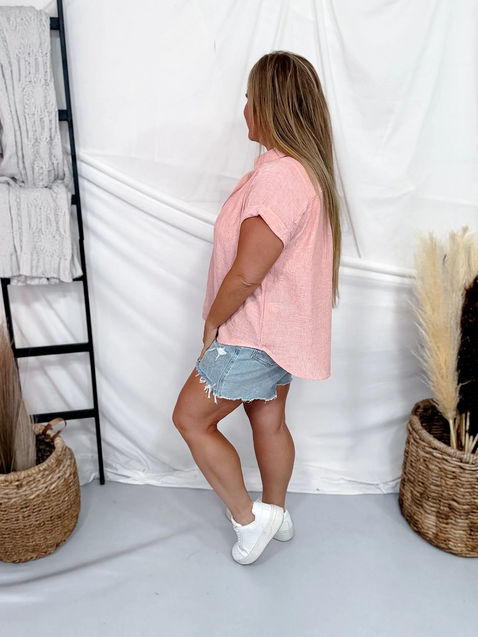 Terracotta Short Sleeve Button Down Linen Top - Image 6