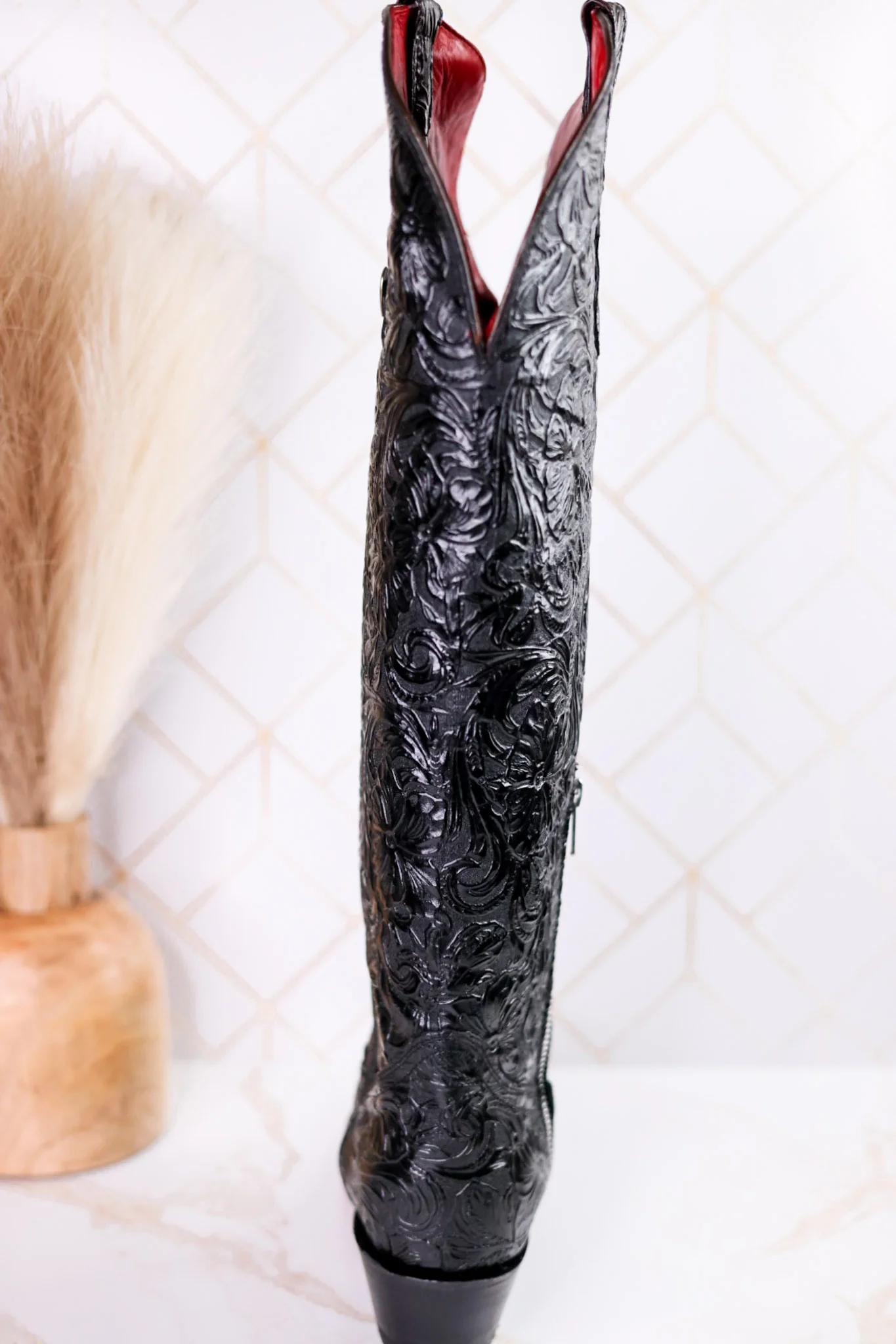 The "Nancy" Tall Black Wide Calf Leather Cowgirl Boots - Image 7