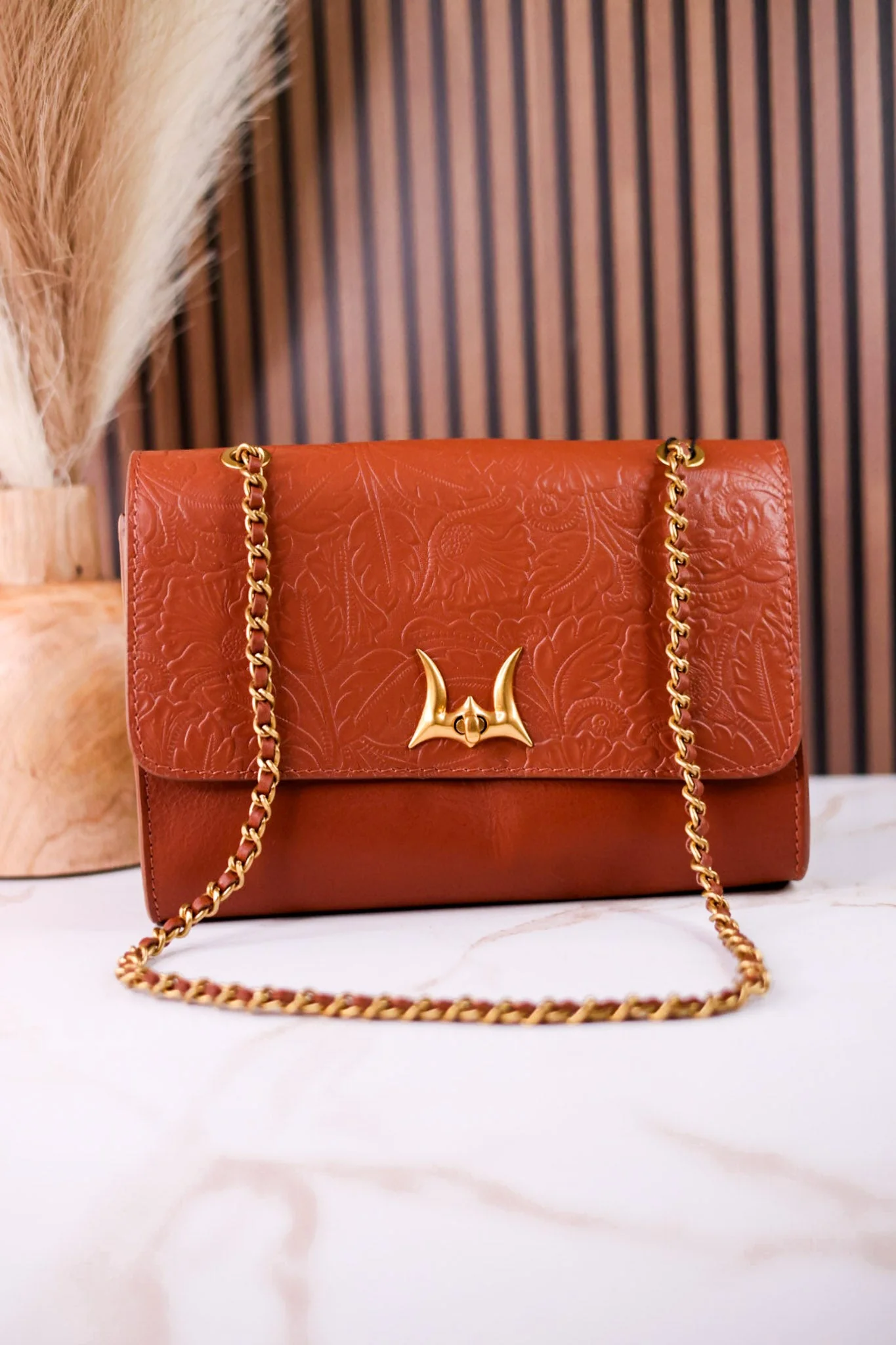 The "Savi" Embossed Leather Bag In Amber Glow - Image 3