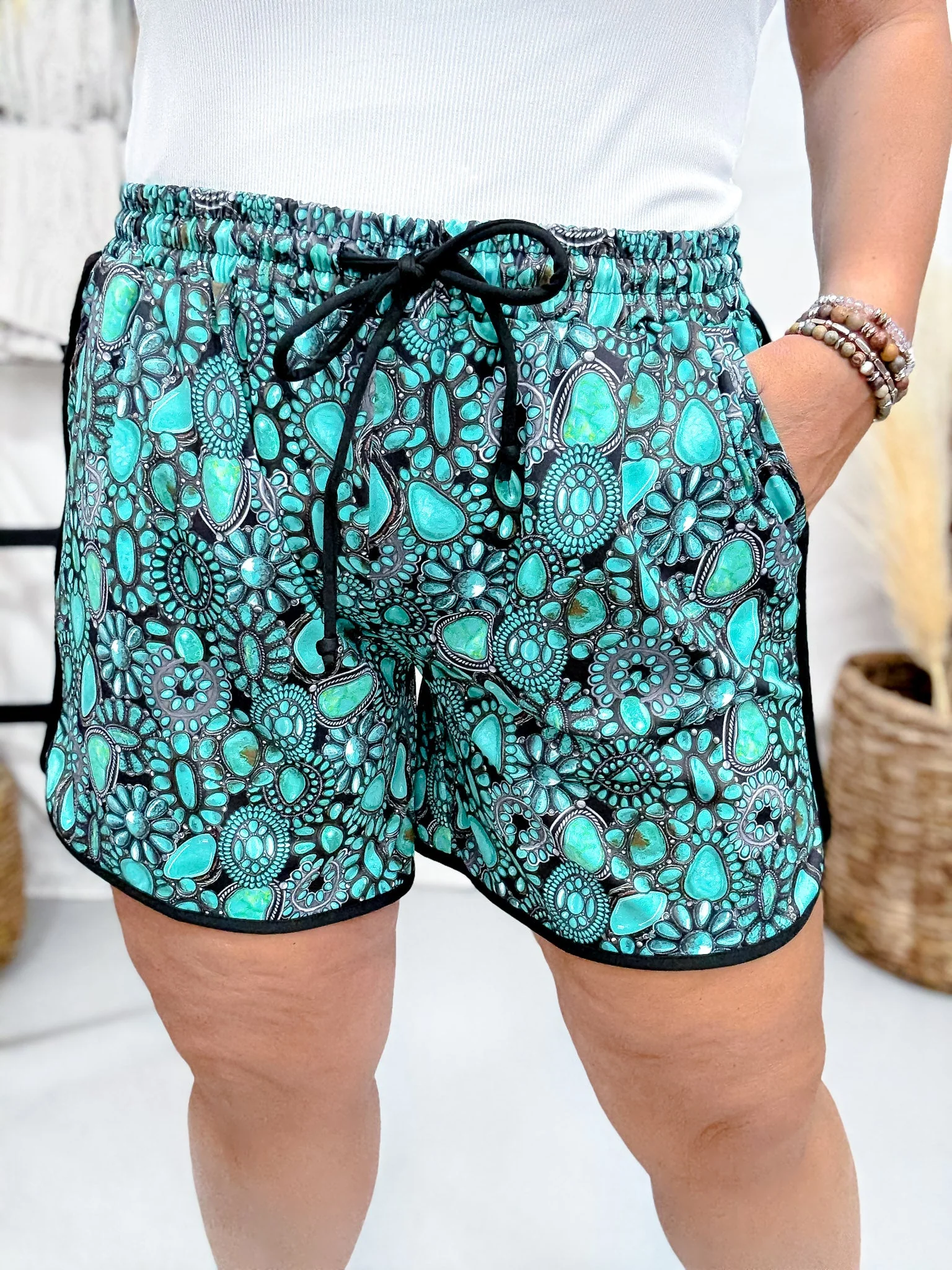 Turquoise Charm Long Length Drawstring Shorts FINAL SALE