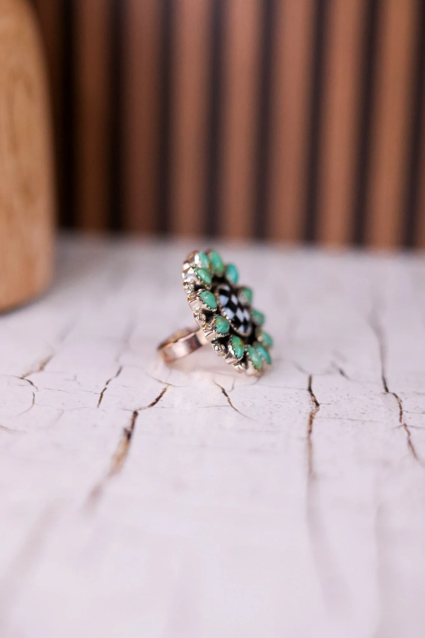 Turquoise & Checkered Sunflower Ring - Image 4