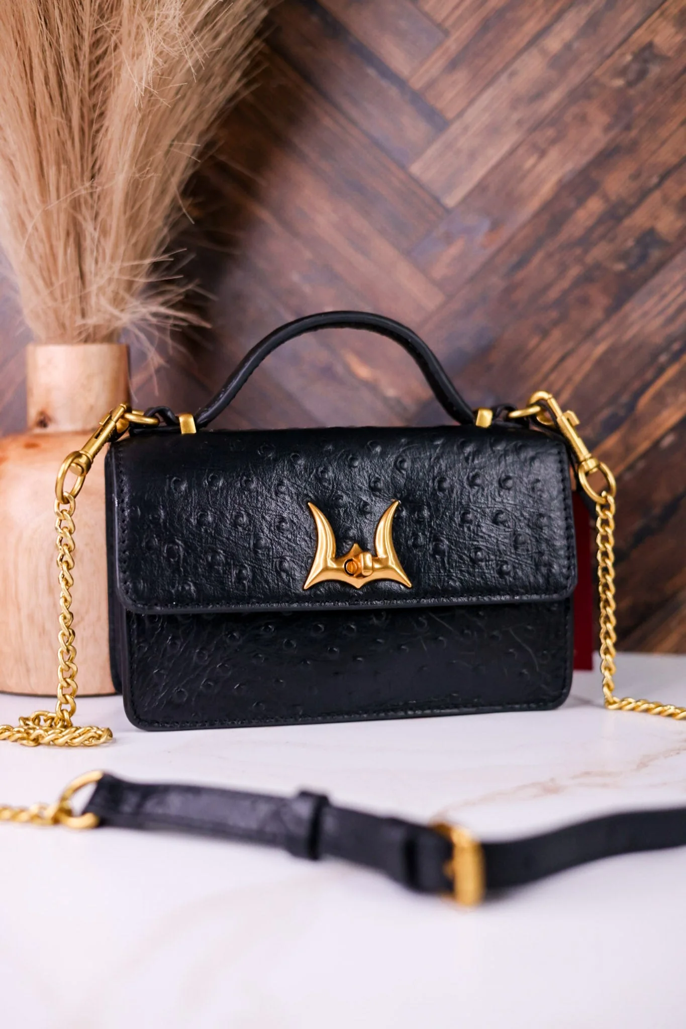 Valencia Ostrich Leather Black Bag