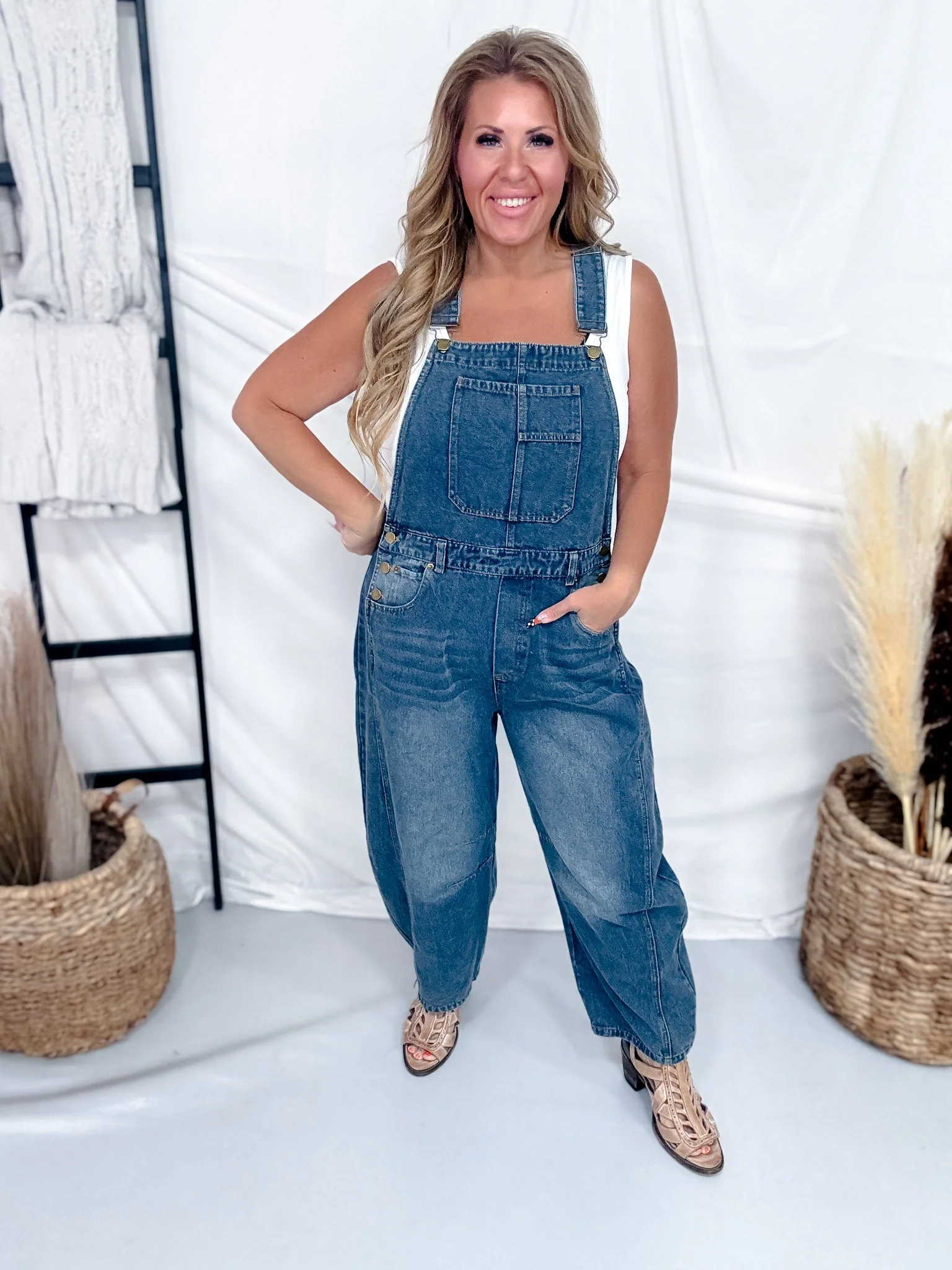 Vintage Wash Barrel Leg Denim Overalls