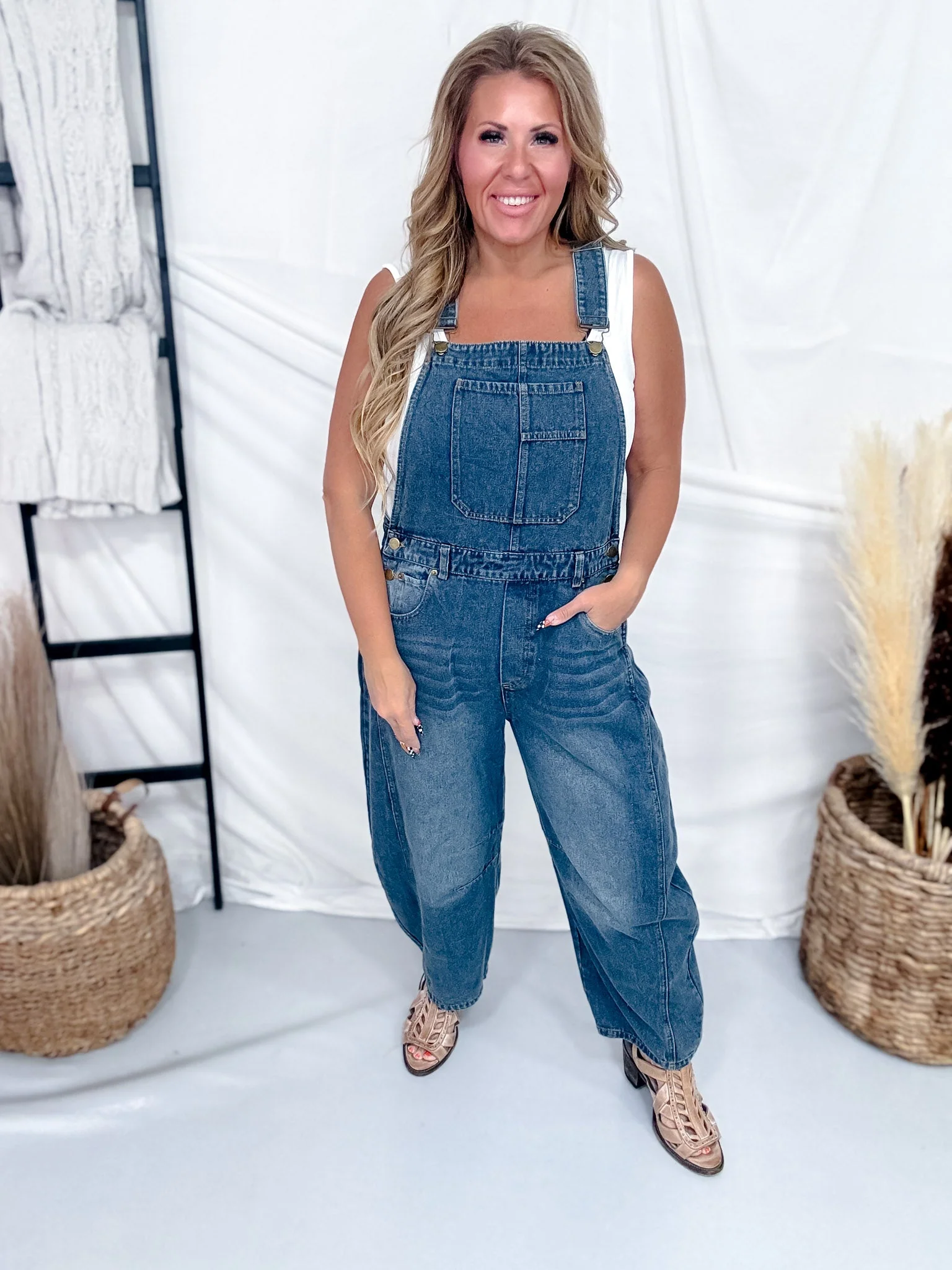 Vintage Wash Barrel Leg Denim Overalls - Image 3