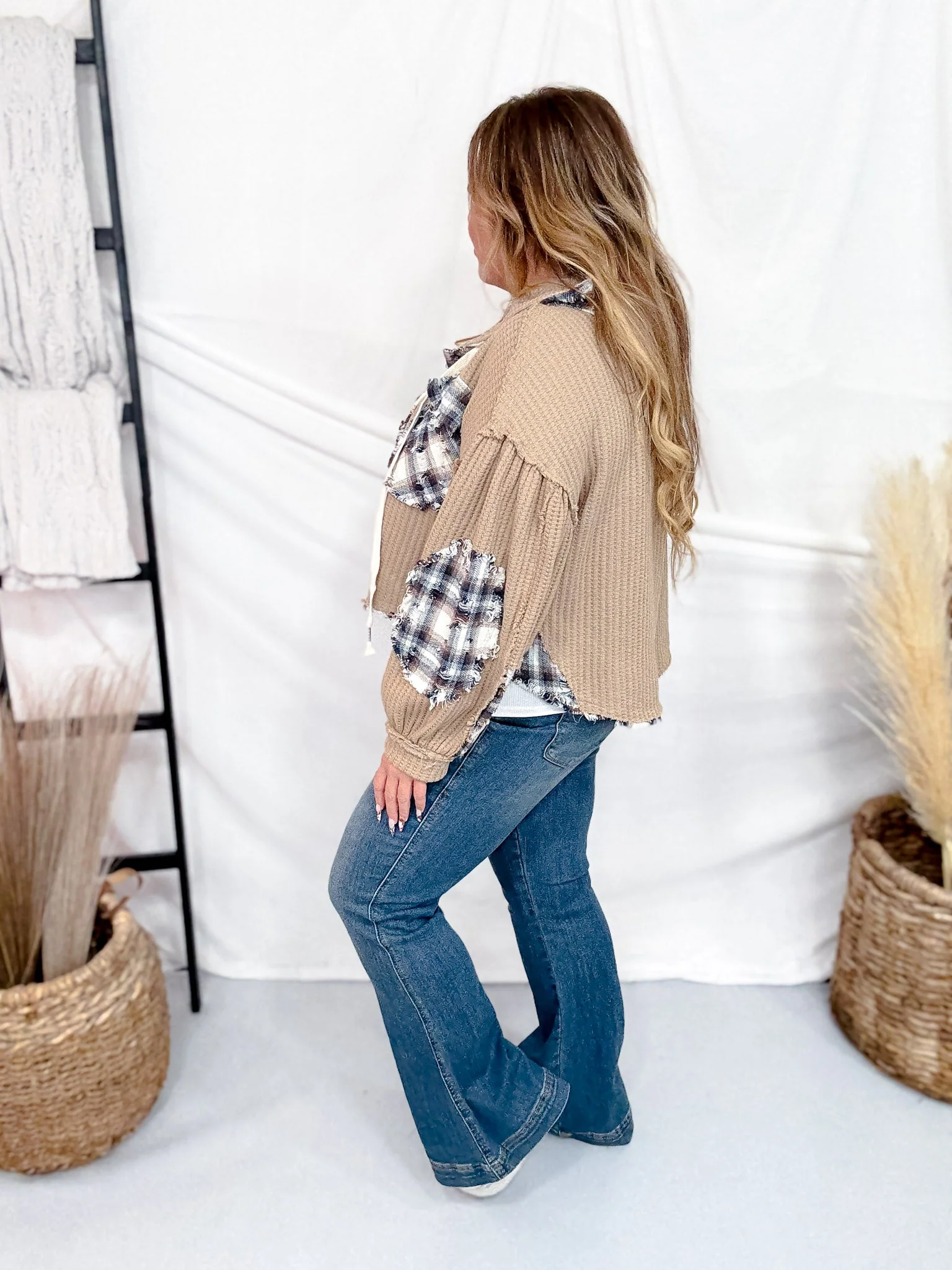 Waffle Knit Hi-Low Midi Hoodie With Plaid Accents FINAL SALE - Image 7