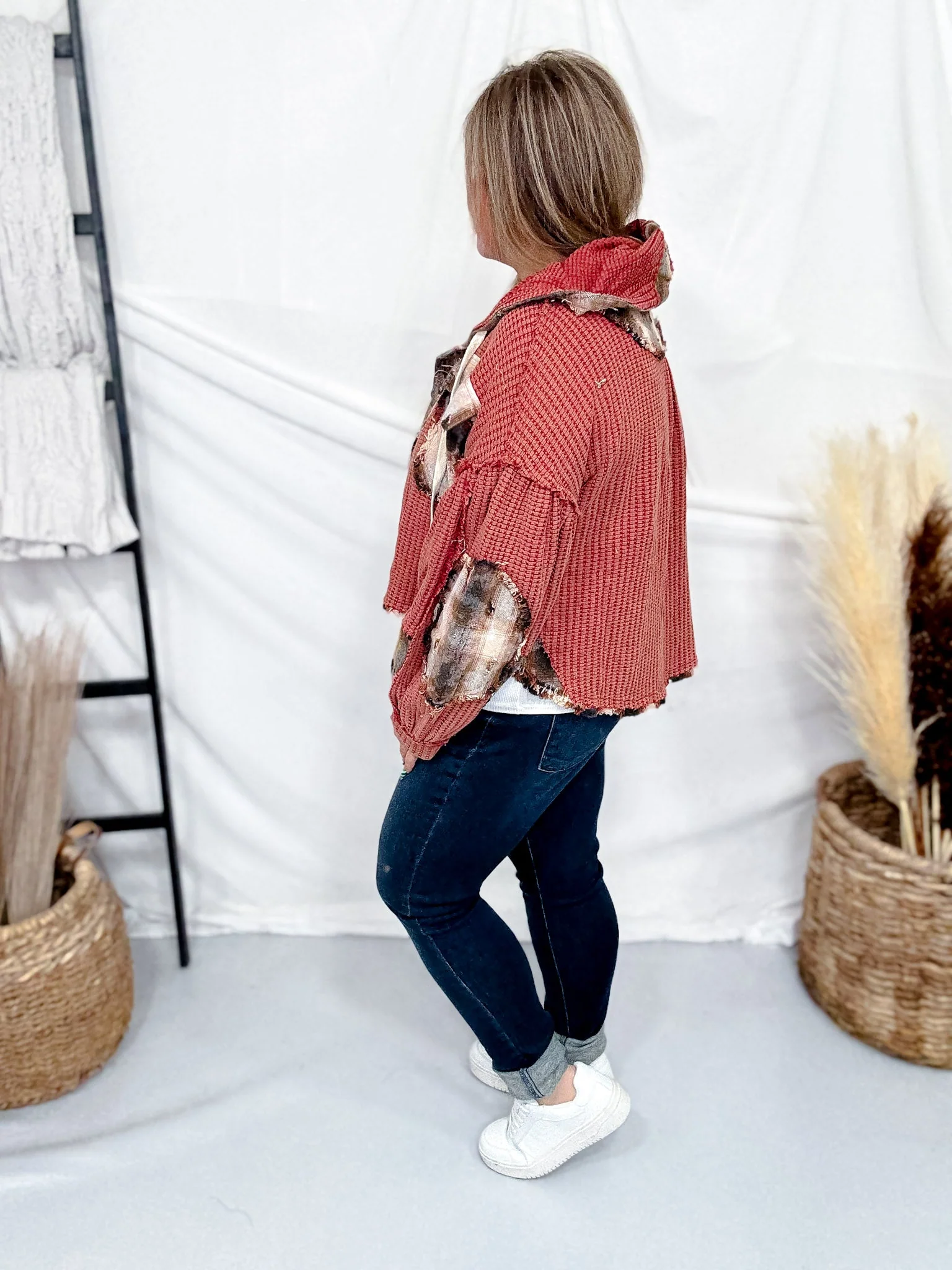 Waffle Knit Maroon Red Hi-Low Midi Hoodie With Plaid Accents FINAL SALE - Image 6