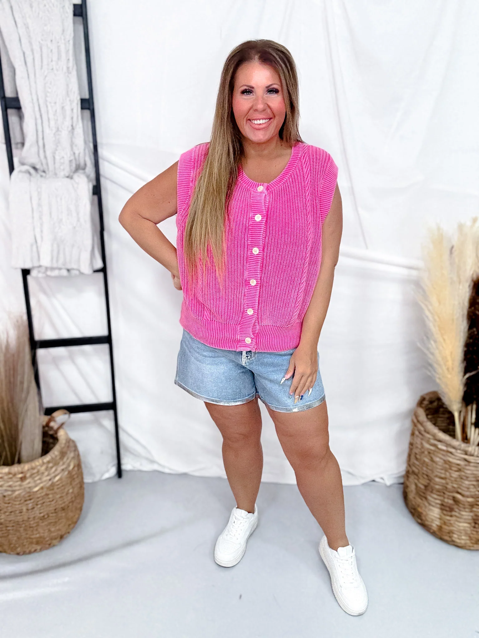 Washed Cable Knit Textured Front Button Sleeveless Cardigan - Image 2