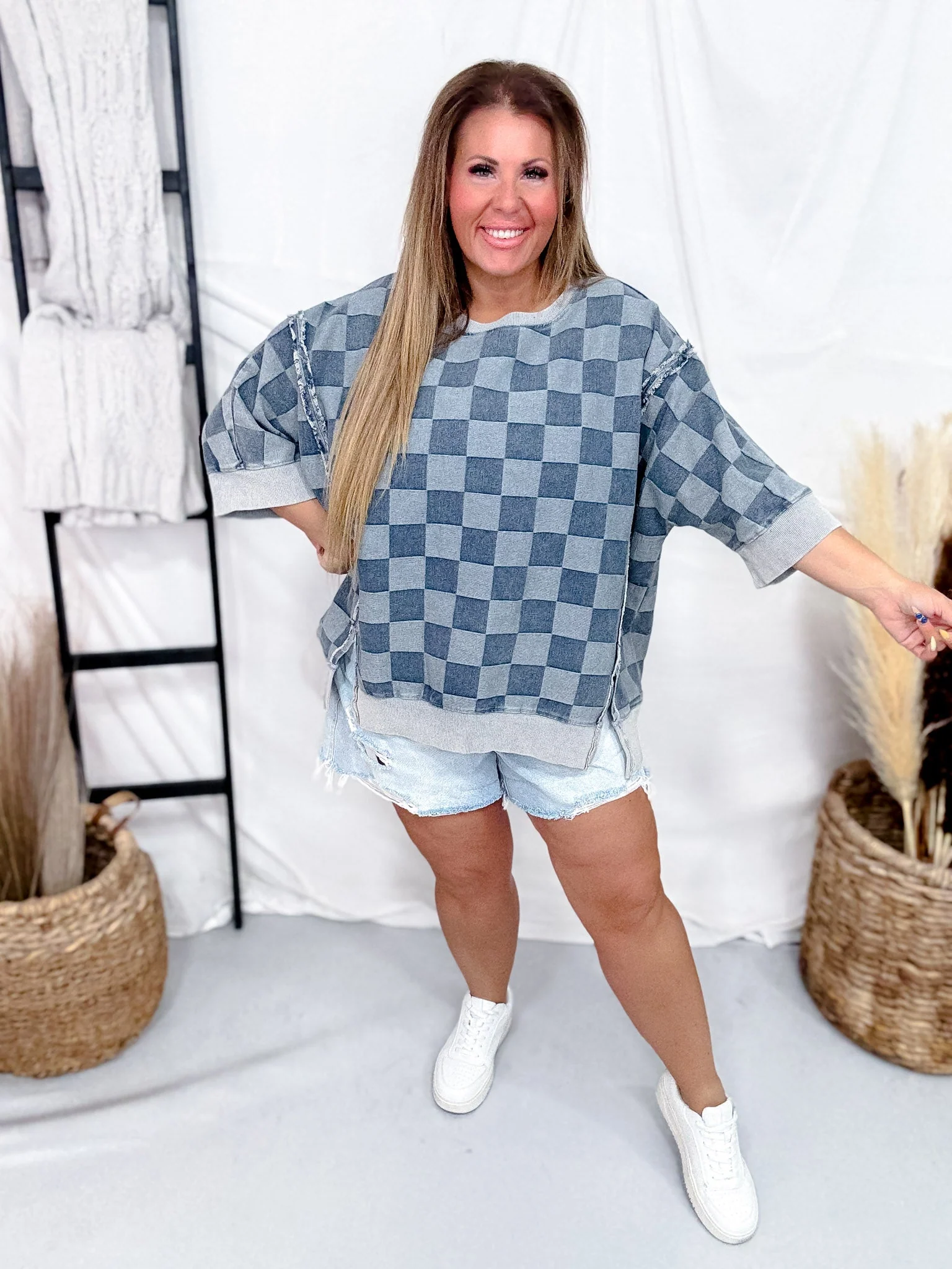 Washed Checker Denim Open Seam Detail Short Sleeve Top - Image 5