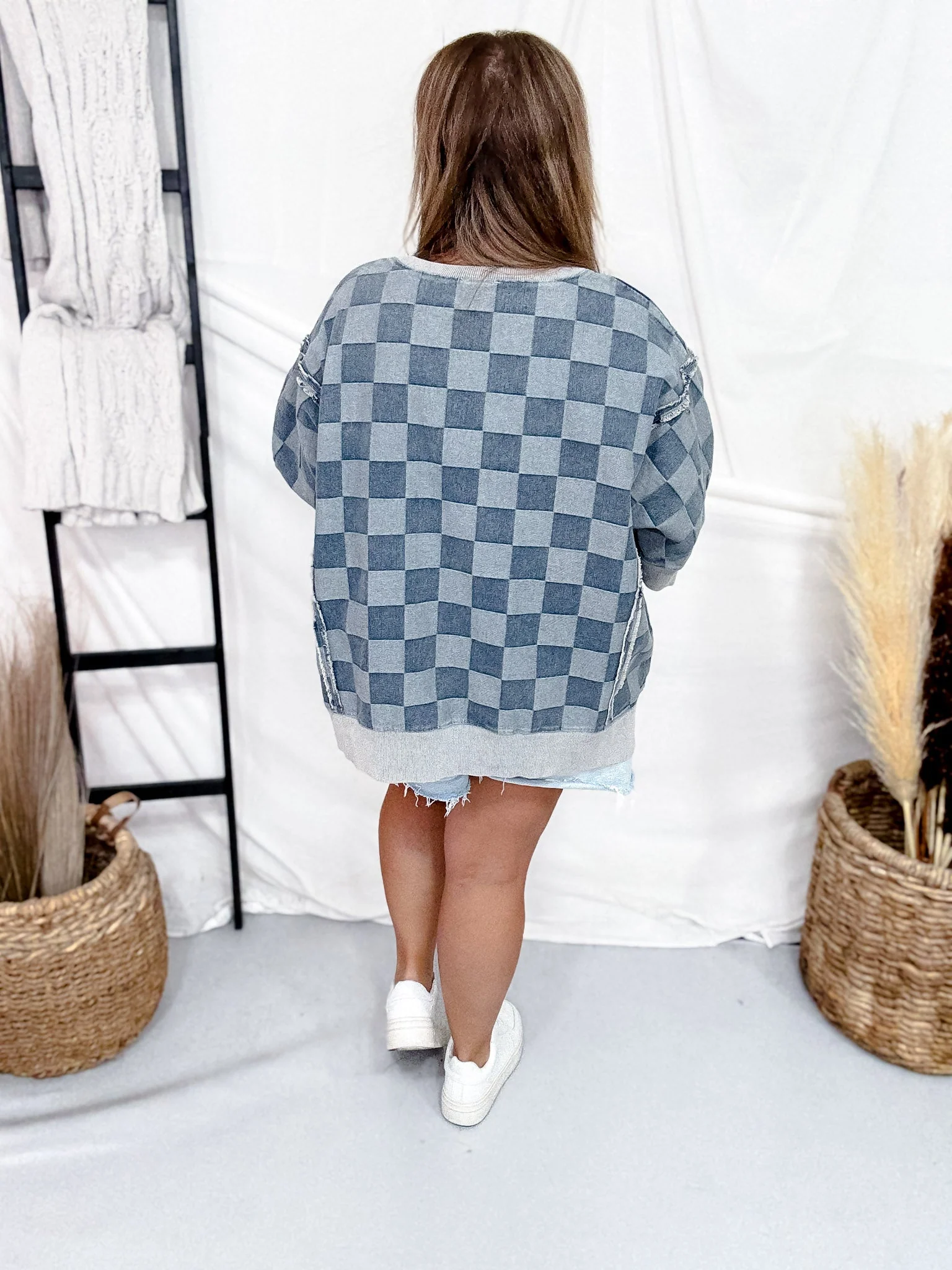 Washed Checker Denim Open Seam Detail Short Sleeve Top - Image 7