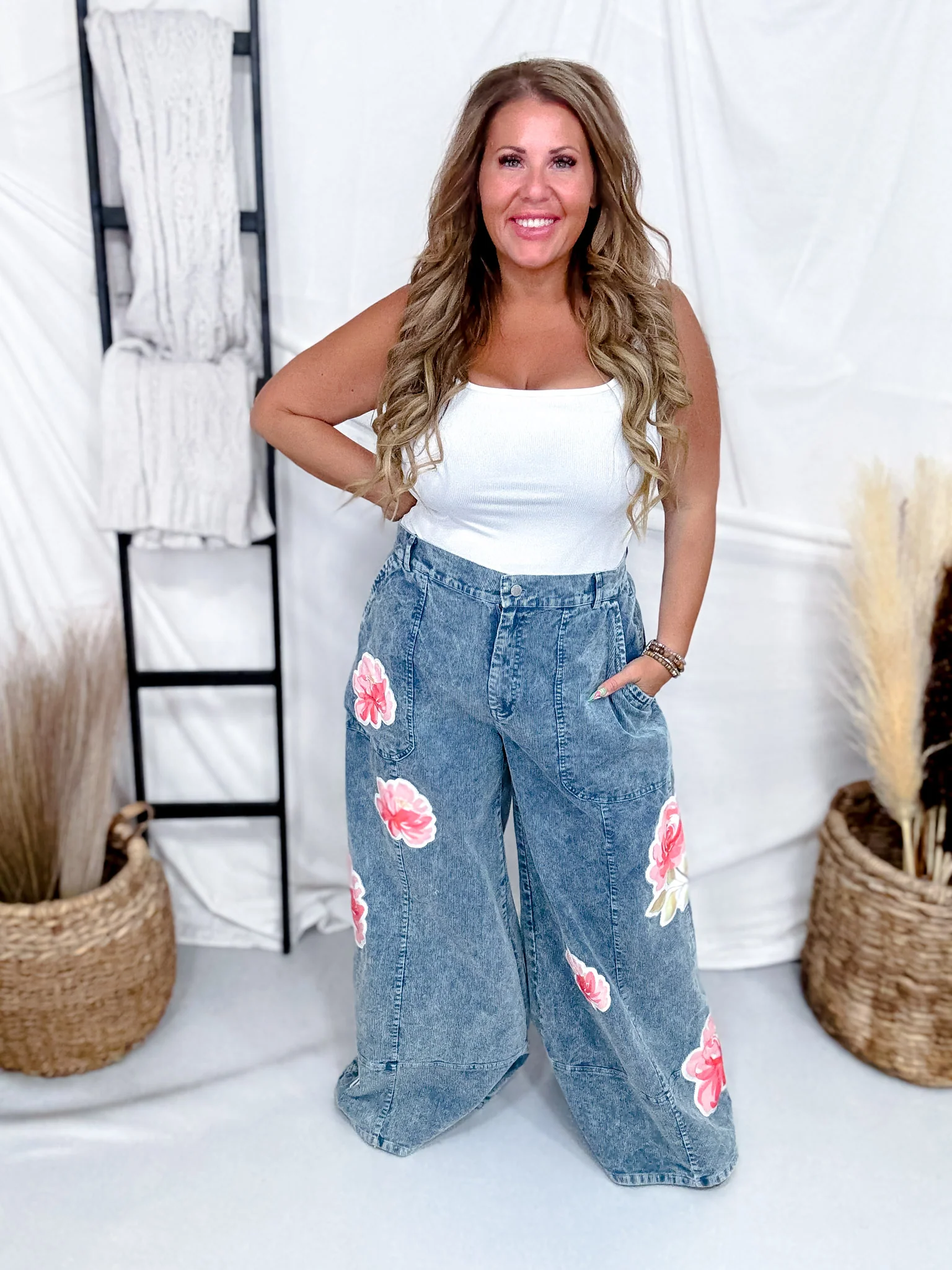 Washed Corduroy Wide Leg Pants With Rose Patches FINAL SALE - Image 2