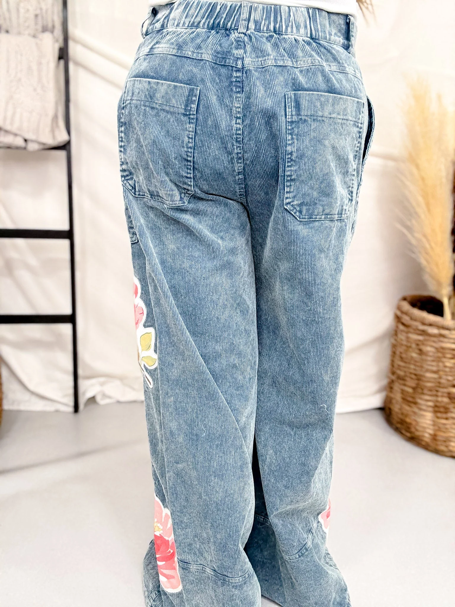 Washed Corduroy Wide Leg Pants With Rose Patches FINAL SALE - Image 6